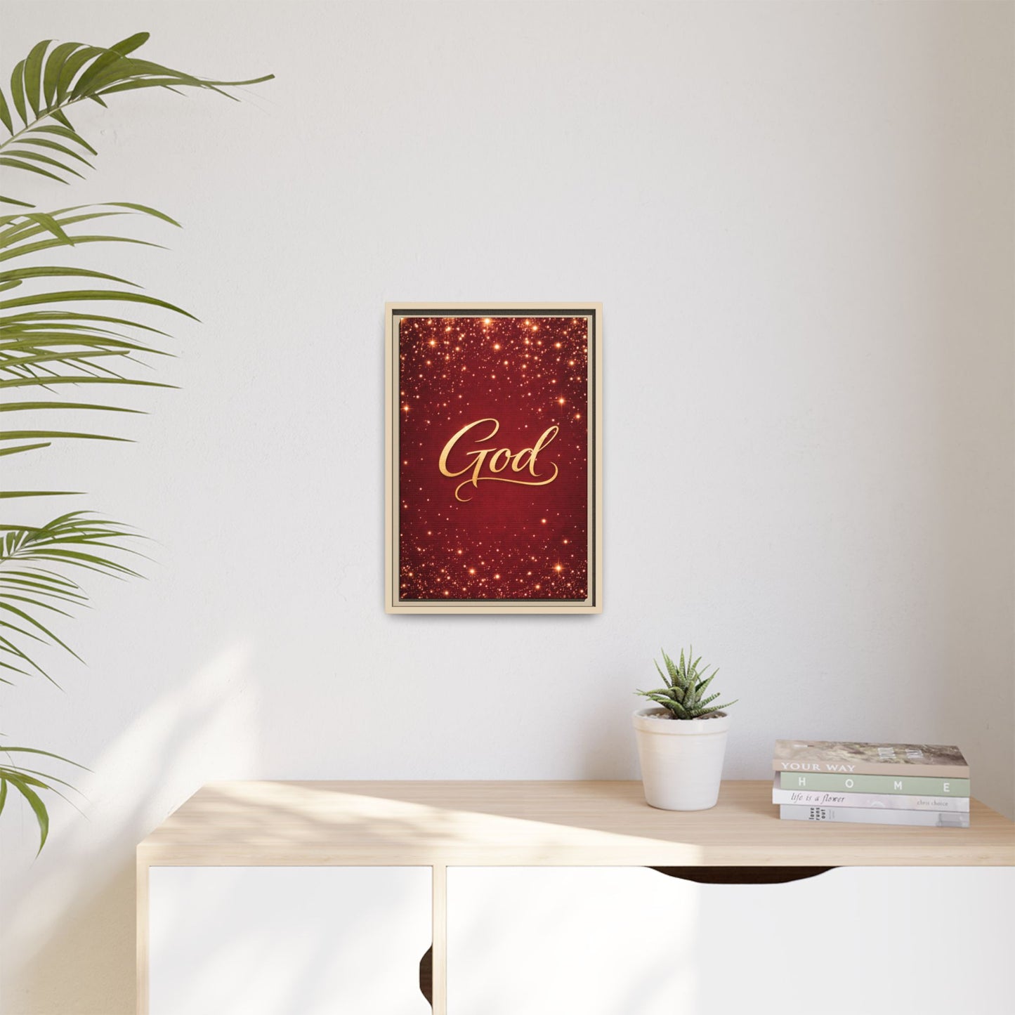 Framed Canvas Wall Art - "God" Gold Script on Red Sparkle Background