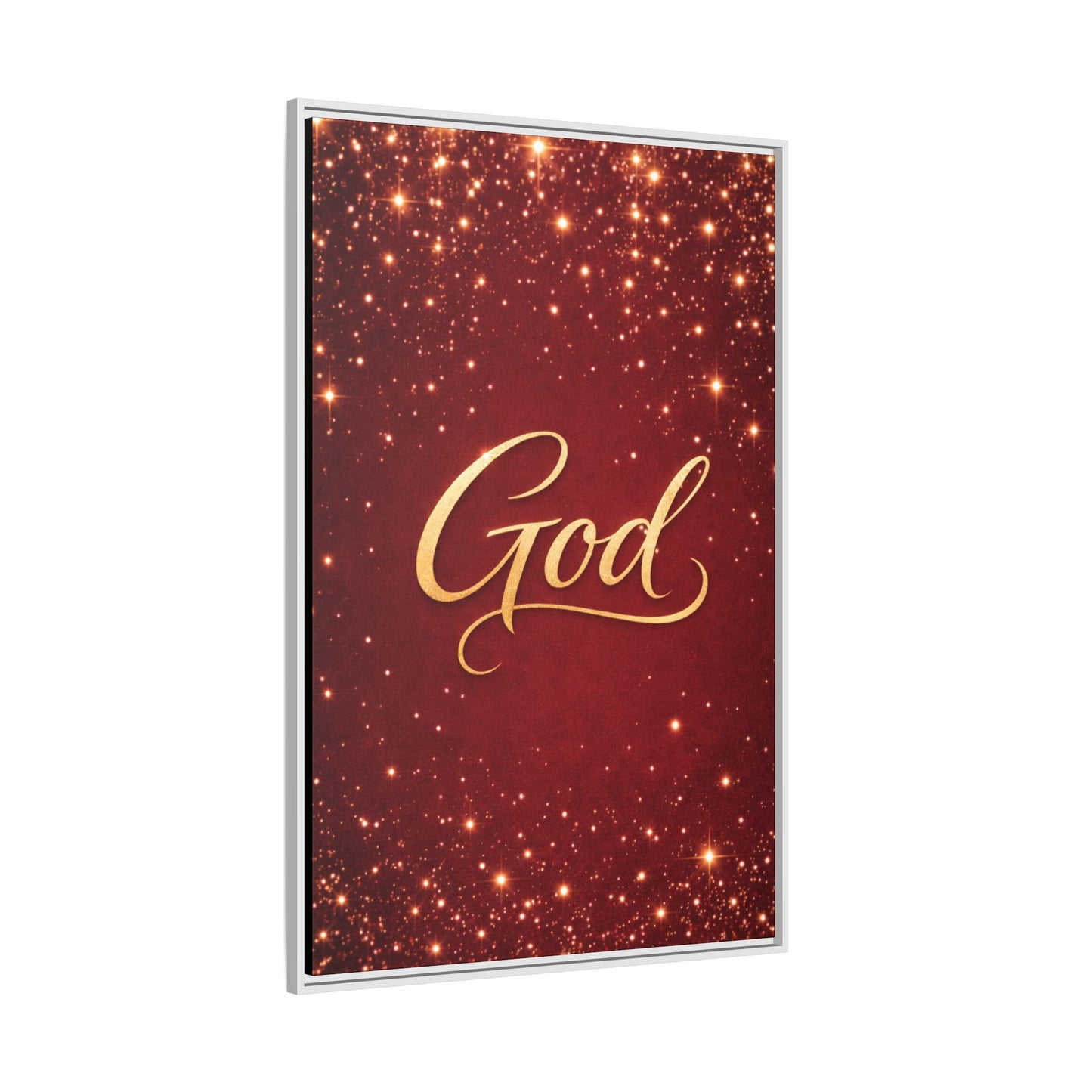 Framed Canvas Wall Art - "God" Gold Script on Red Sparkle Background