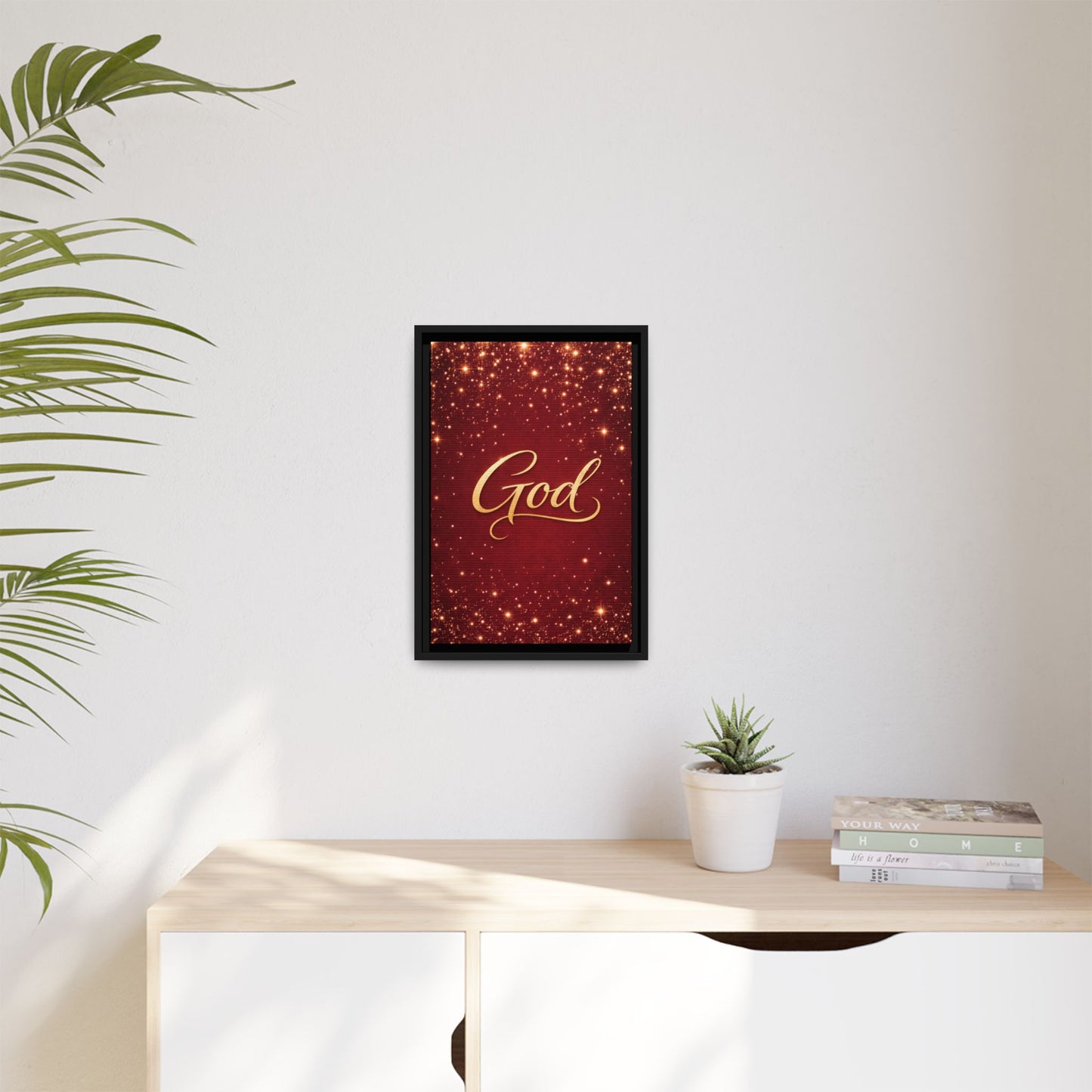 Framed Canvas Wall Art - "God" Gold Script on Red Sparkle Background