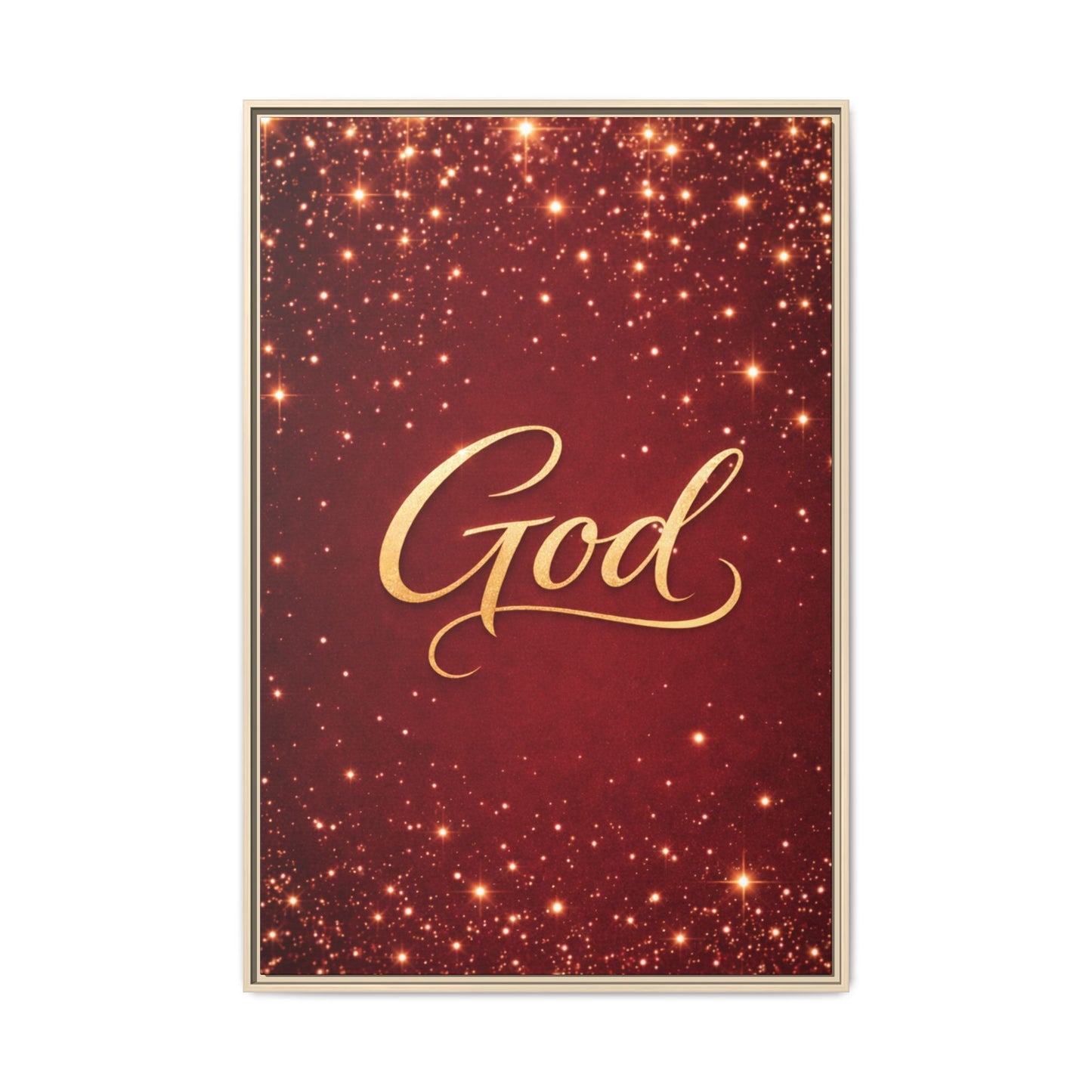 Framed Canvas Wall Art - "God" Gold Script on Red Sparkle Background