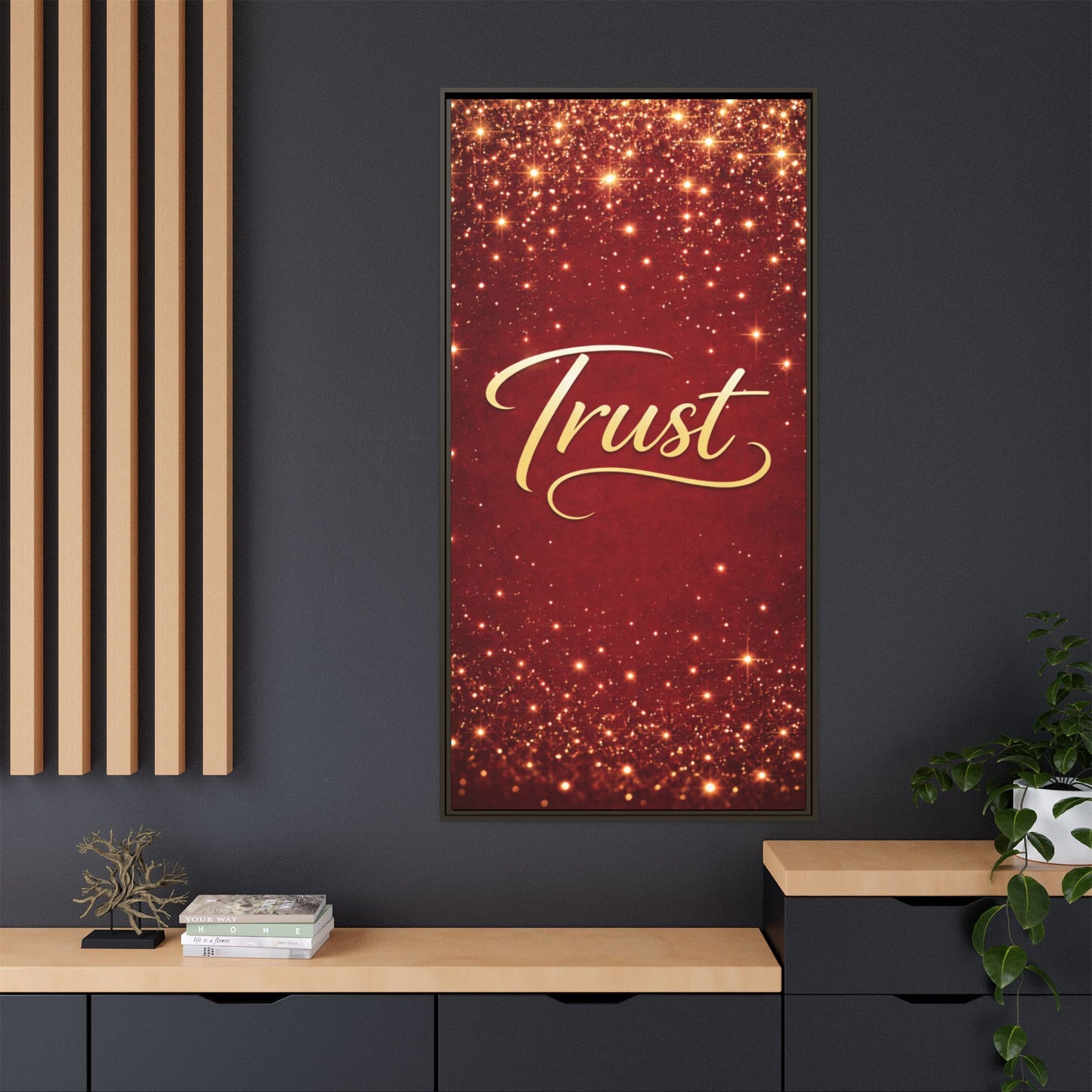 Trust Framed Canvas Wall Art — Gold Script on Sparkling Red Matte