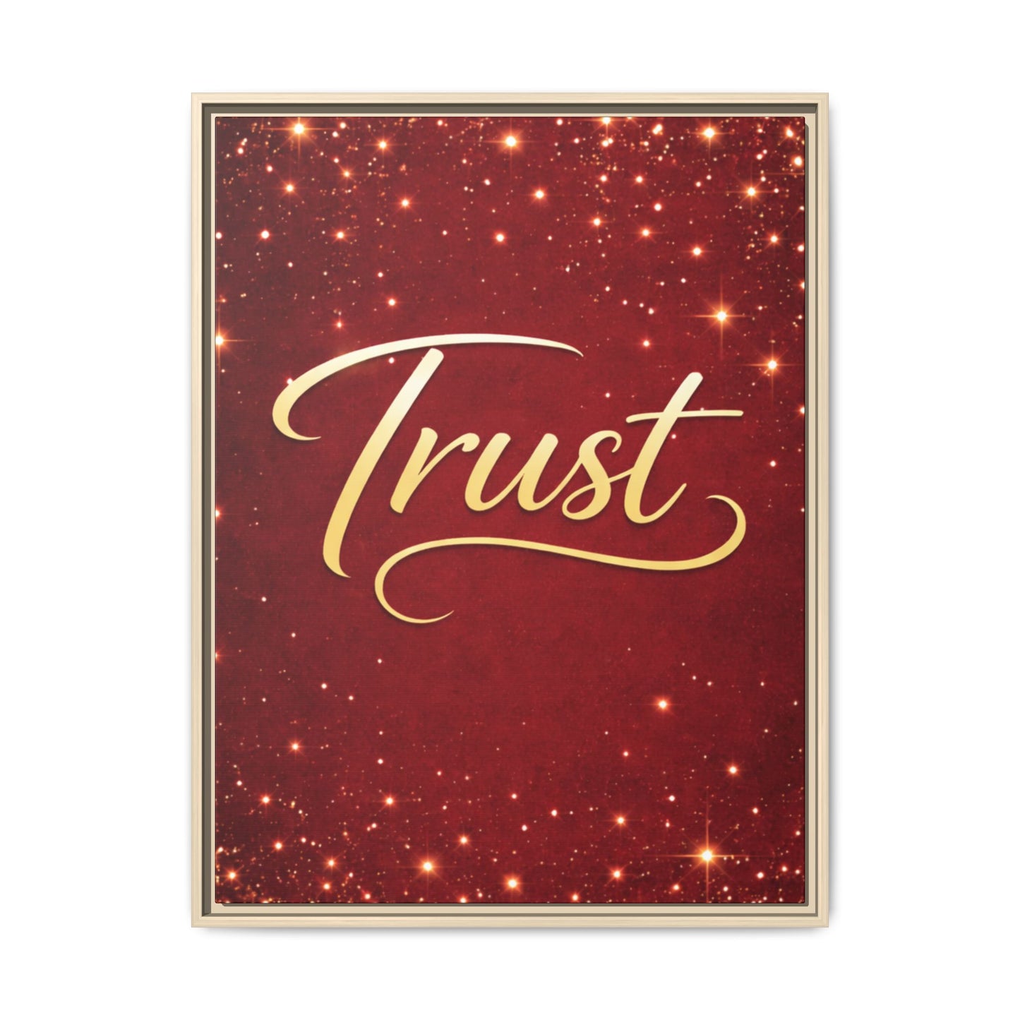 Trust Framed Canvas Wall Art — Gold Script on Sparkling Red Matte