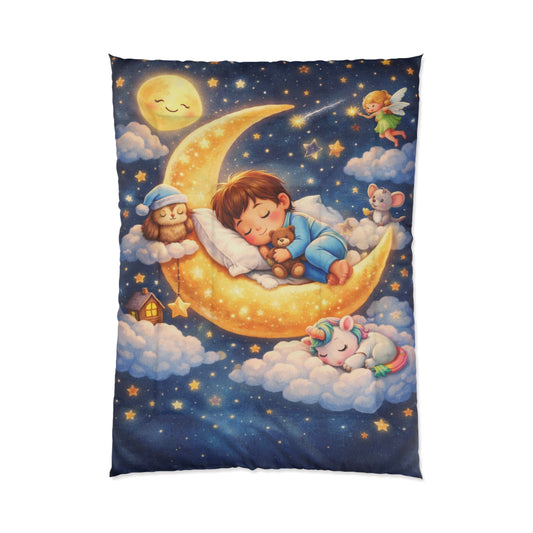Sleeping Child on Moon comforter | Cute Nursery Starry Night Bedding