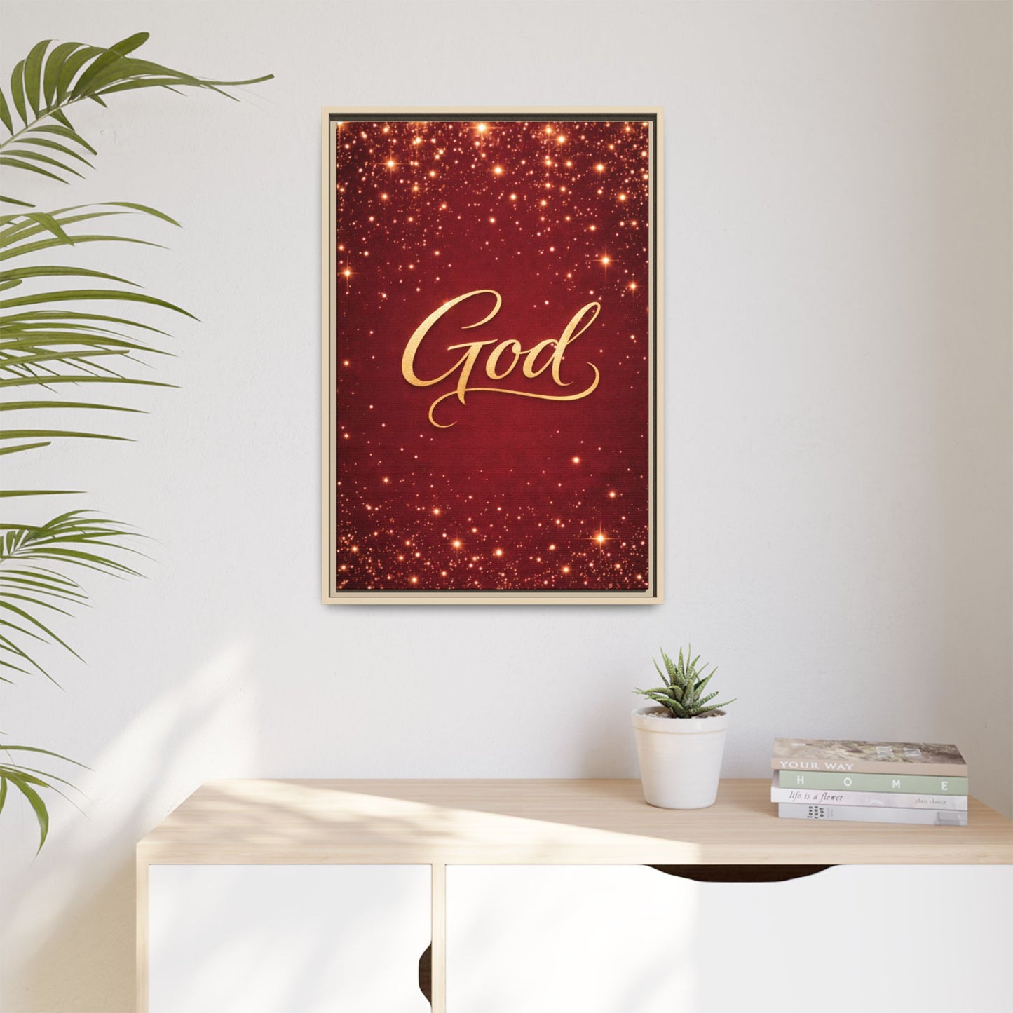 Framed Canvas Wall Art - "God" Gold Script on Red Sparkle Background