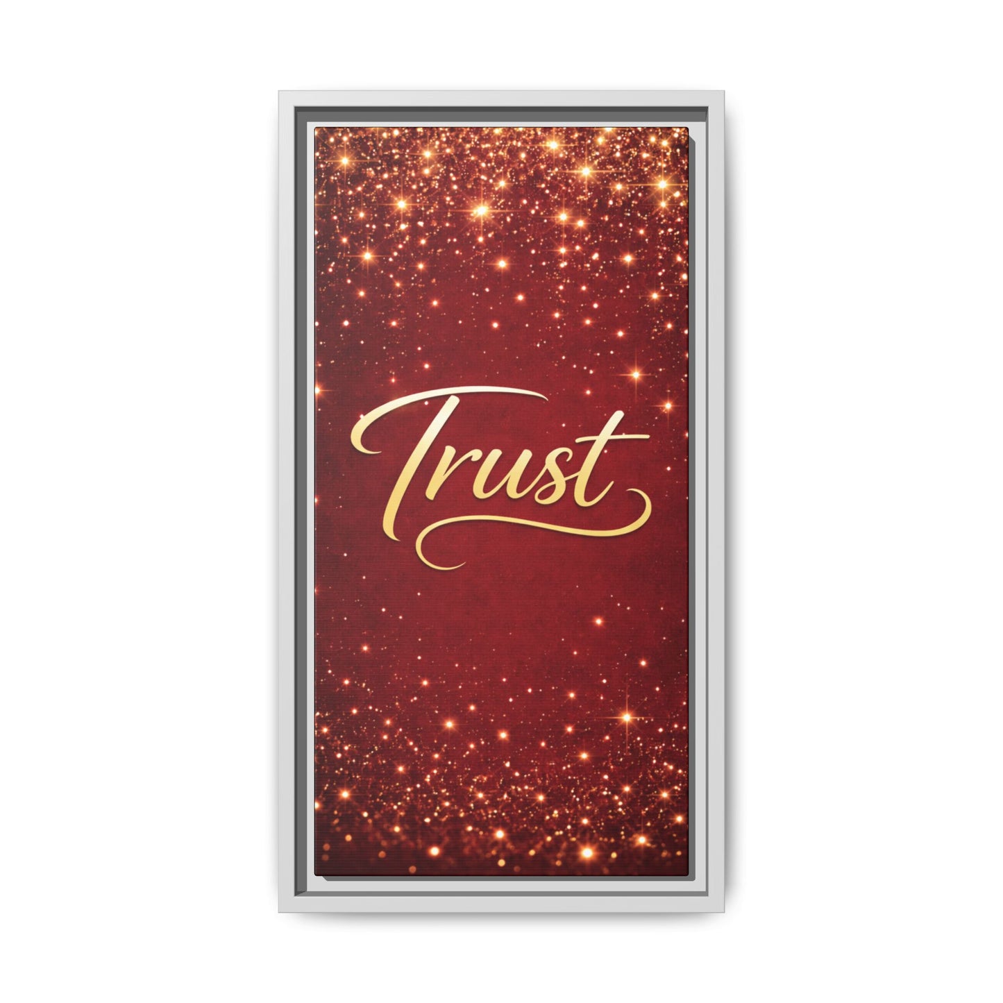 Trust Framed Canvas Wall Art — Gold Script on Sparkling Red Matte