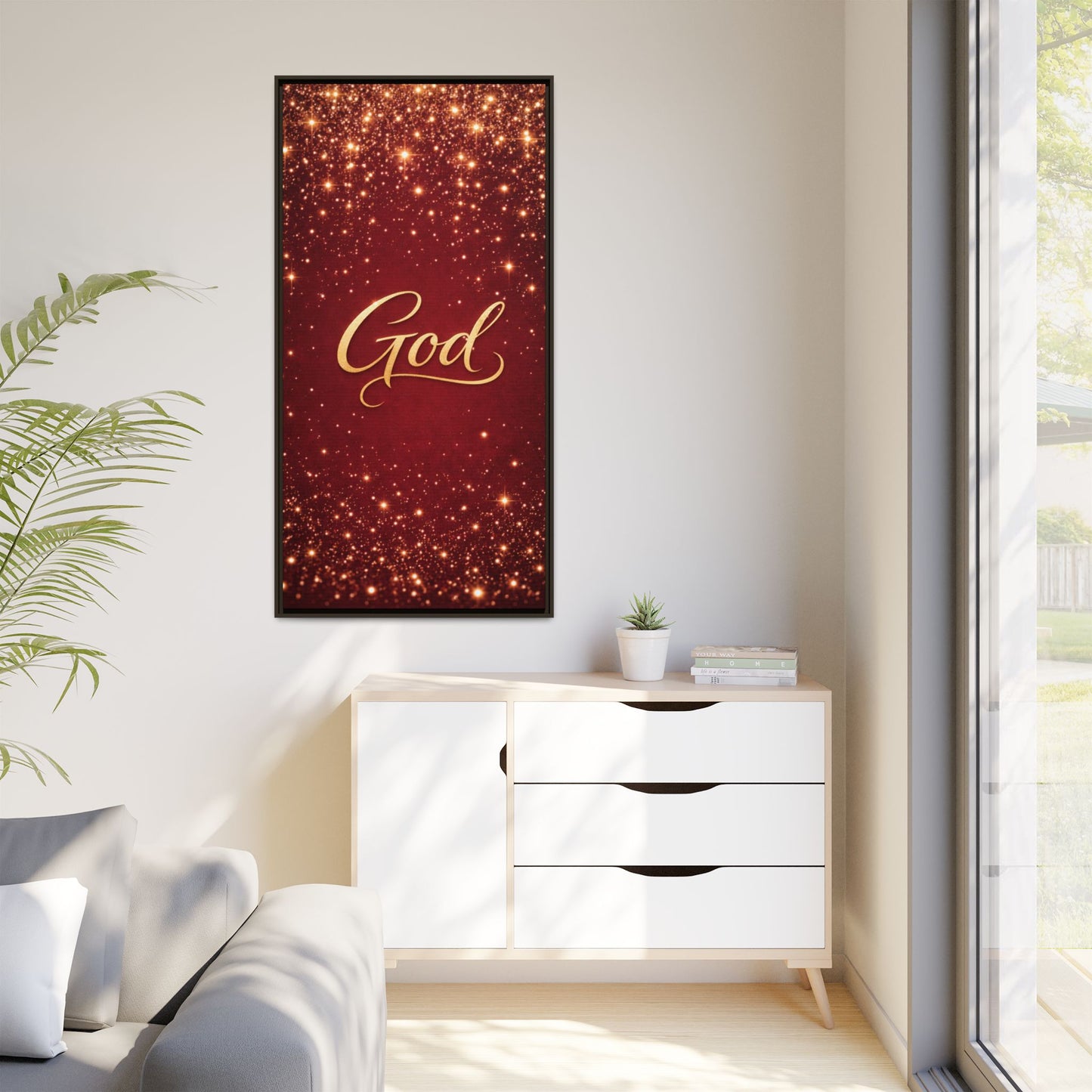 Framed Canvas Wall Art - "God" Gold Script on Red Sparkle Background