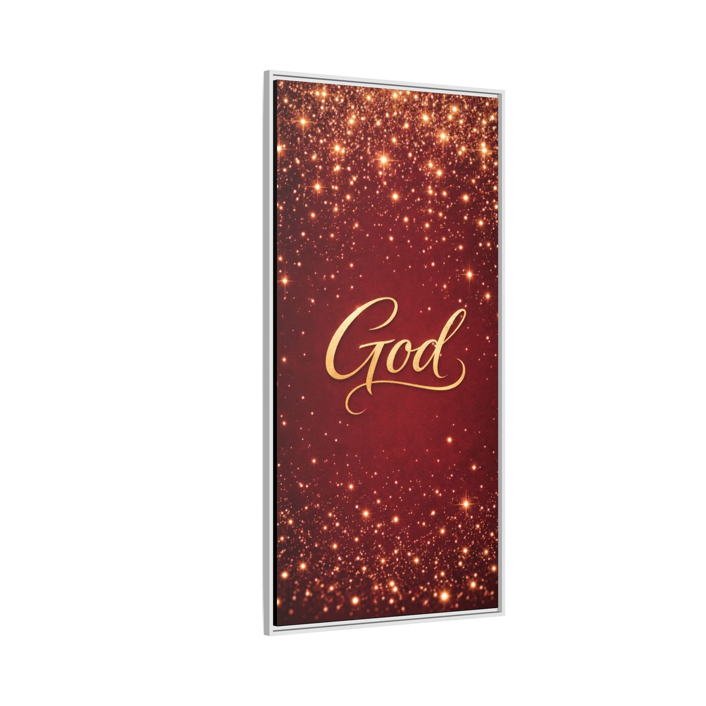 Framed Canvas Wall Art - "God" Gold Script on Red Sparkle Background