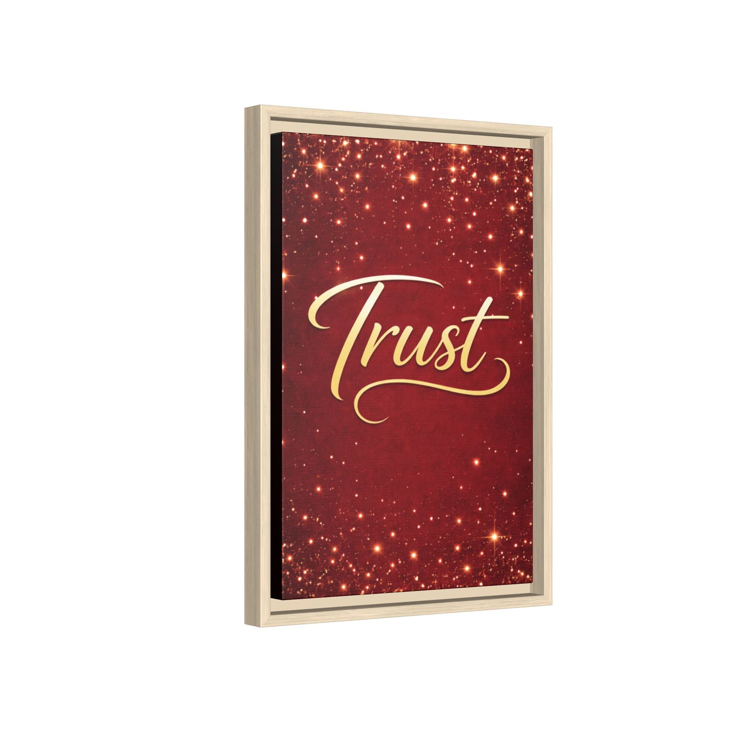 Trust Framed Canvas Wall Art — Gold Script on Sparkling Red Matte