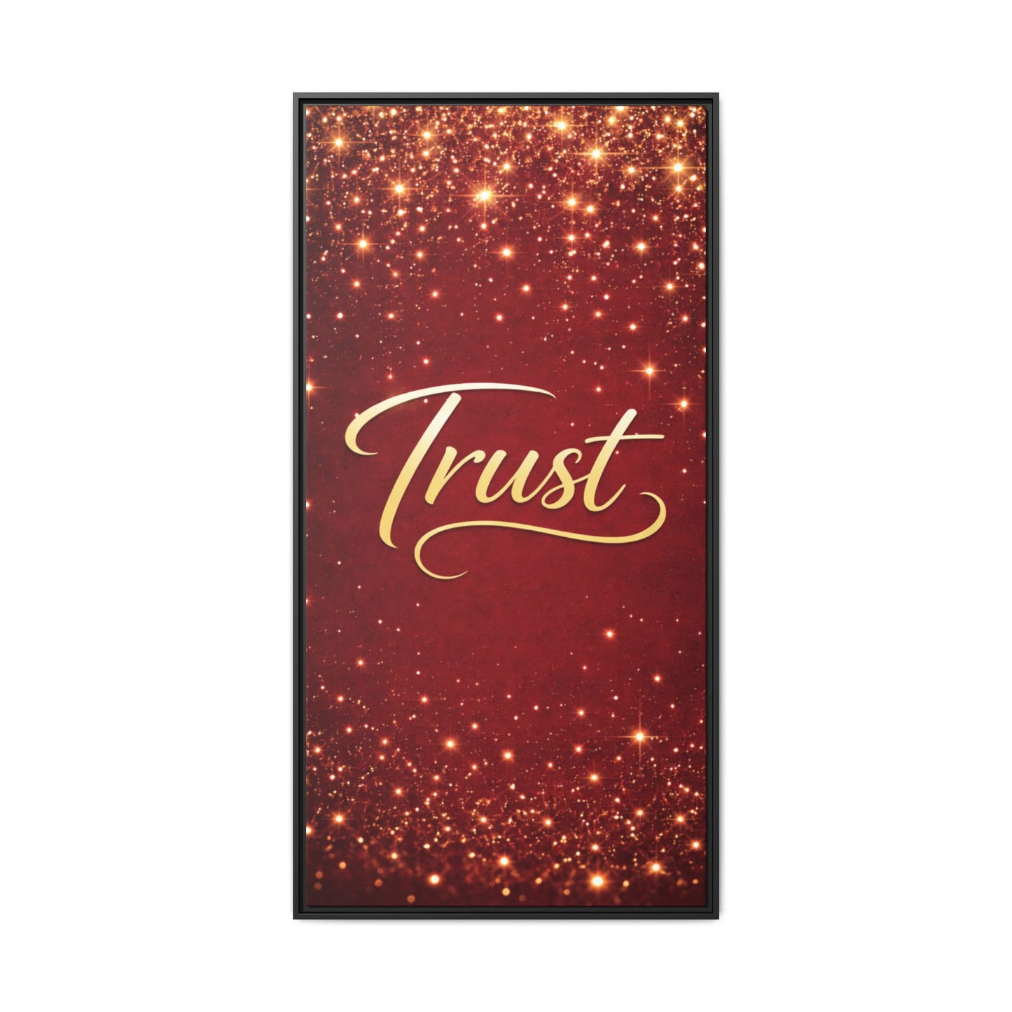 Trust Framed Canvas Wall Art — Gold Script on Sparkling Red Matte