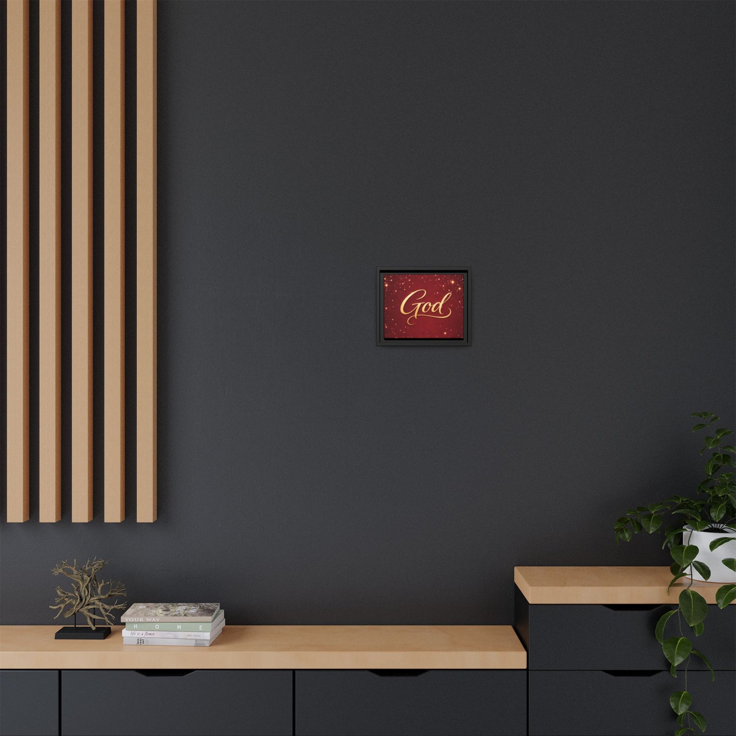 Framed Canvas Wall Art - "God" Gold Script on Red Sparkle Background