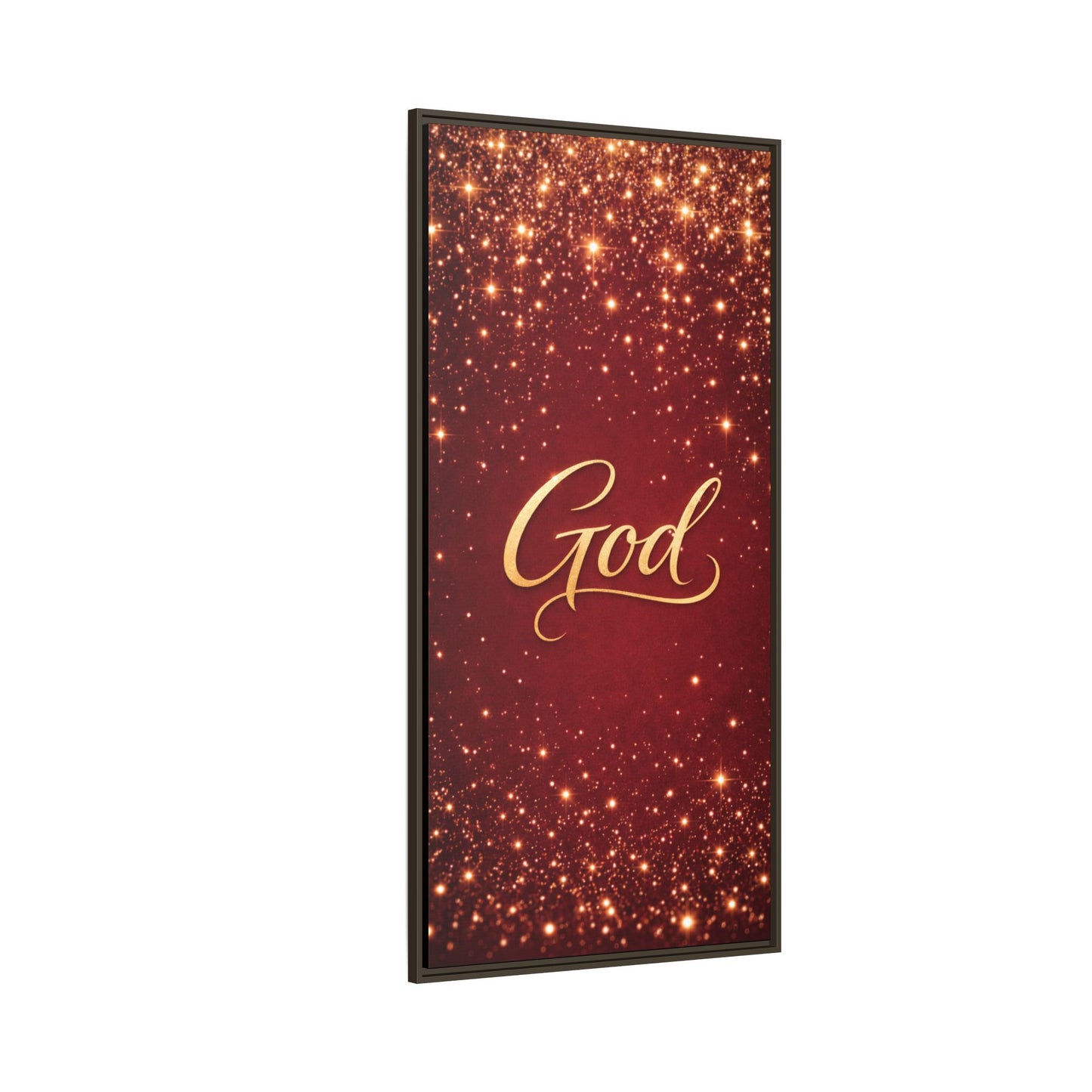Framed Canvas Wall Art - "God" Gold Script on Red Sparkle Background