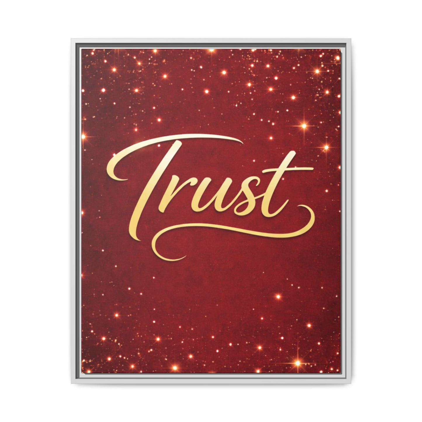 Trust Framed Canvas Wall Art — Gold Script on Sparkling Red Matte