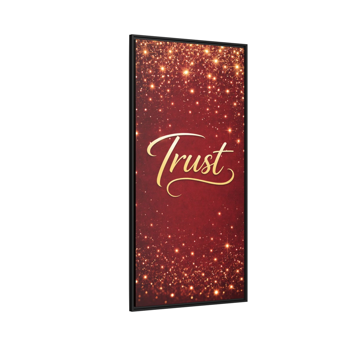 Trust Framed Canvas Wall Art — Gold Script on Sparkling Red Matte