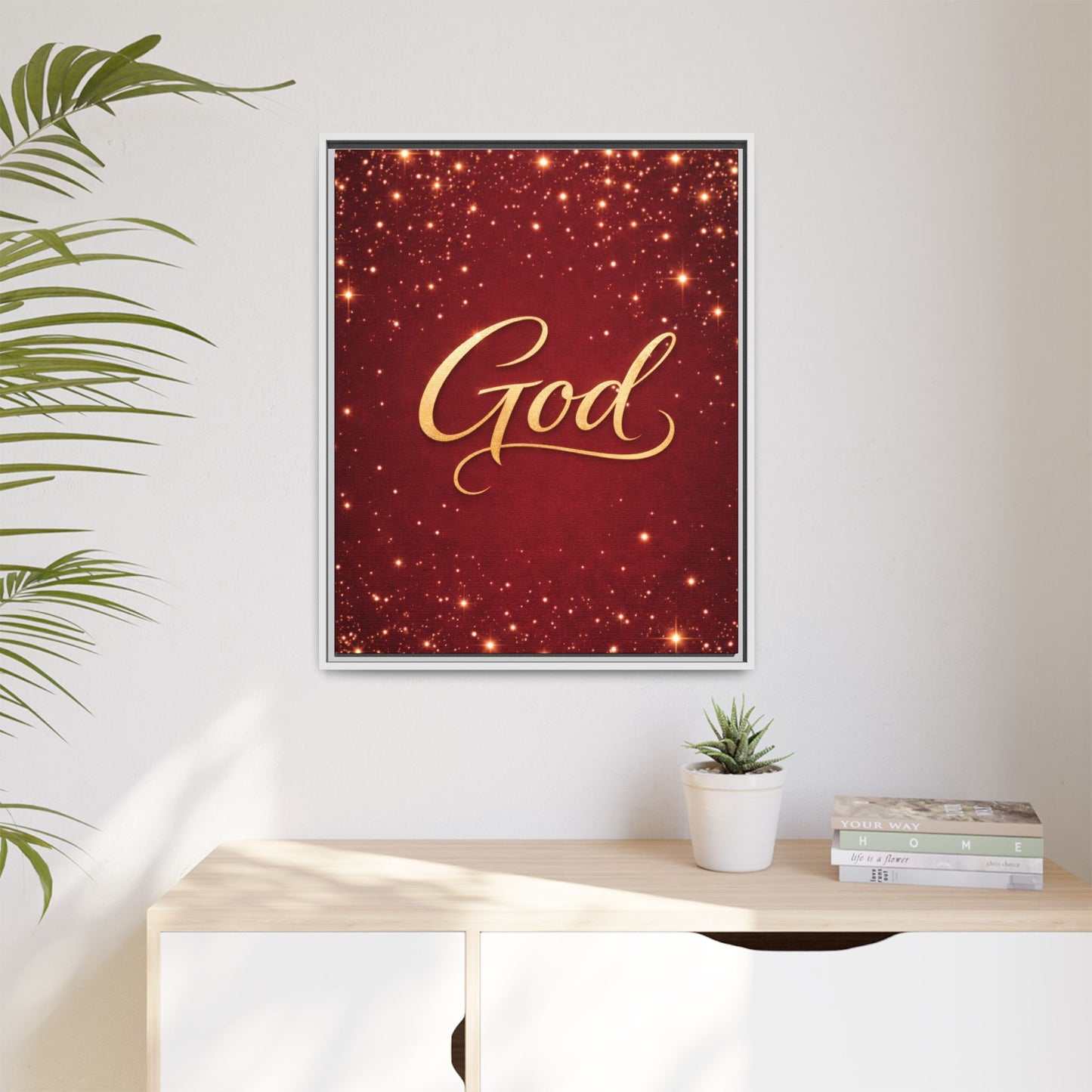 Framed Canvas Wall Art - "God" Gold Script on Red Sparkle Background