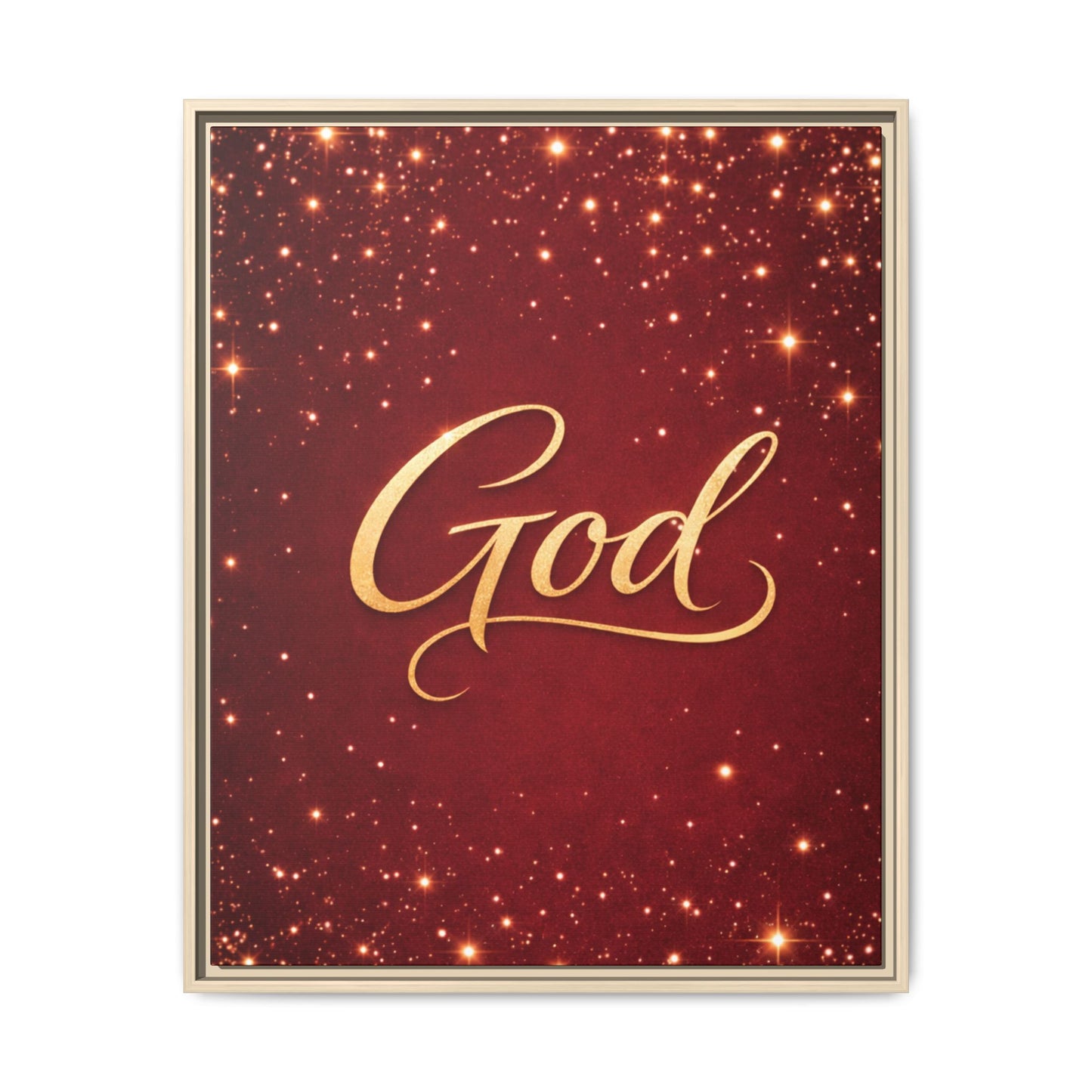 Framed Canvas Wall Art - "God" Gold Script on Red Sparkle Background