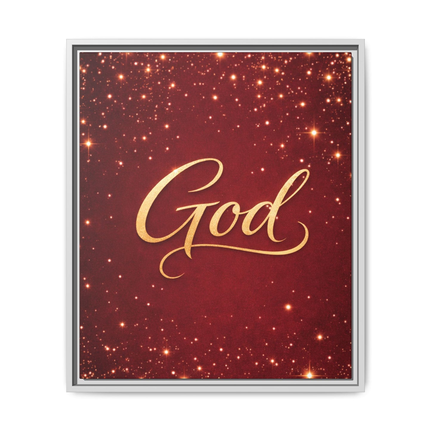Framed Canvas Wall Art - "God" Gold Script on Red Sparkle Background