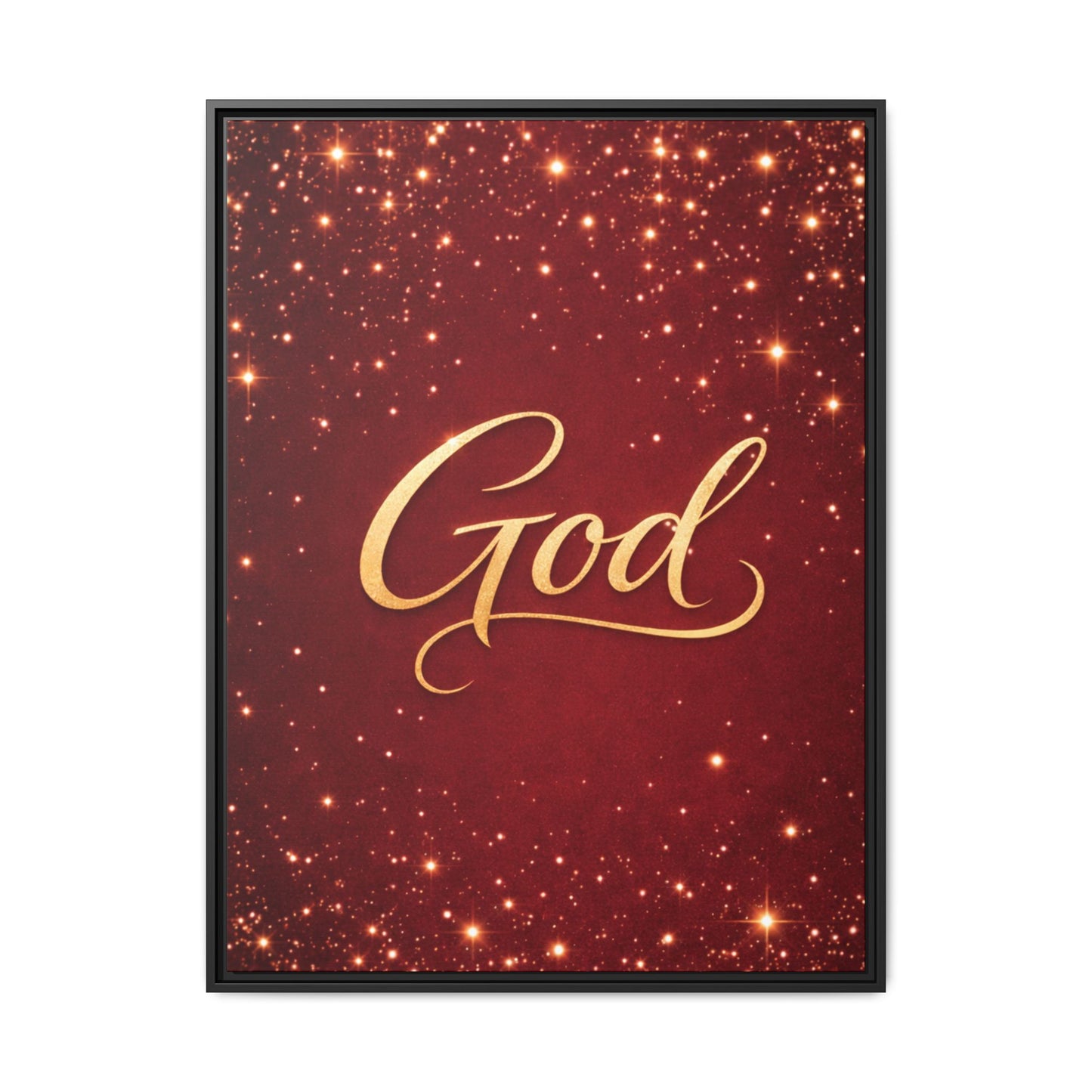 Framed Canvas Wall Art - "God" Gold Script on Red Sparkle Background