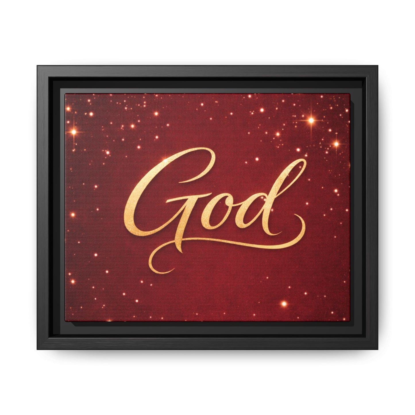 Framed Canvas Wall Art - "God" Gold Script on Red Sparkle Background