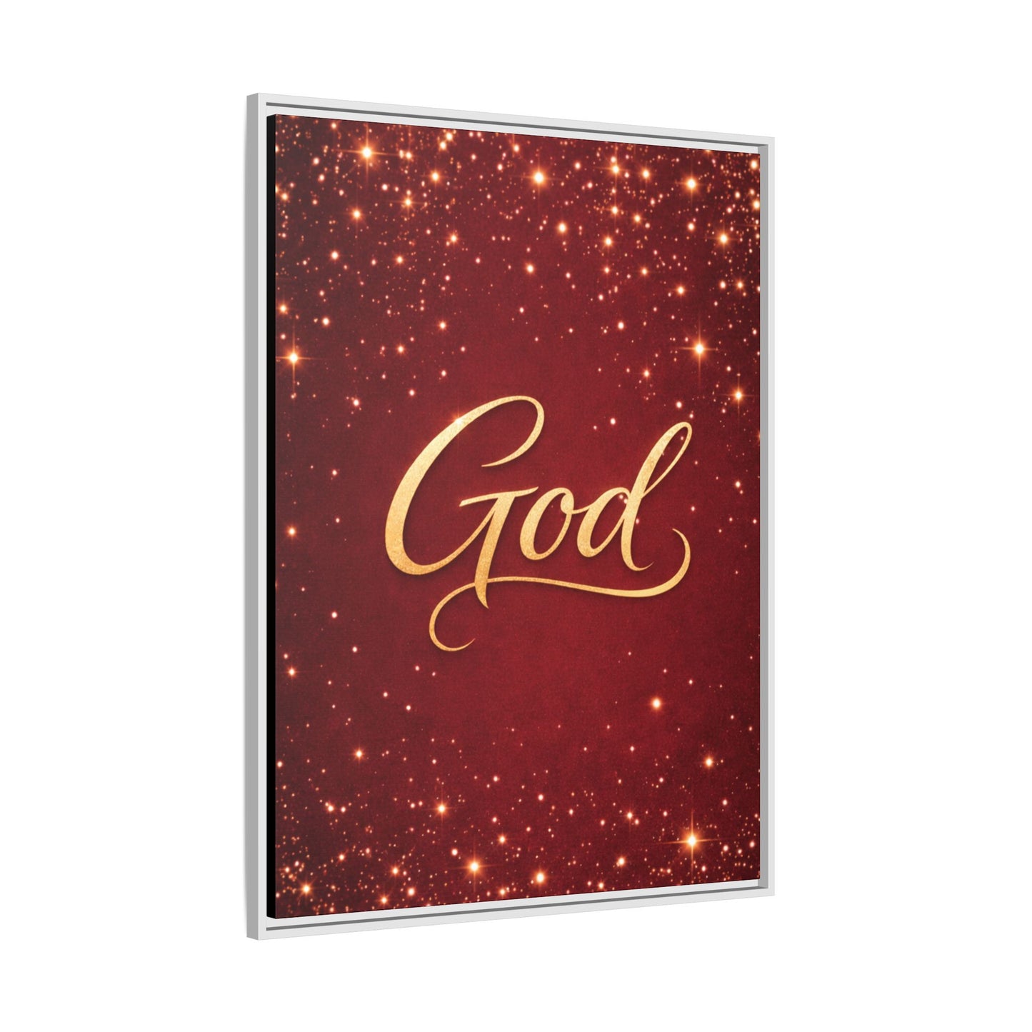 Framed Canvas Wall Art - "God" Gold Script on Red Sparkle Background