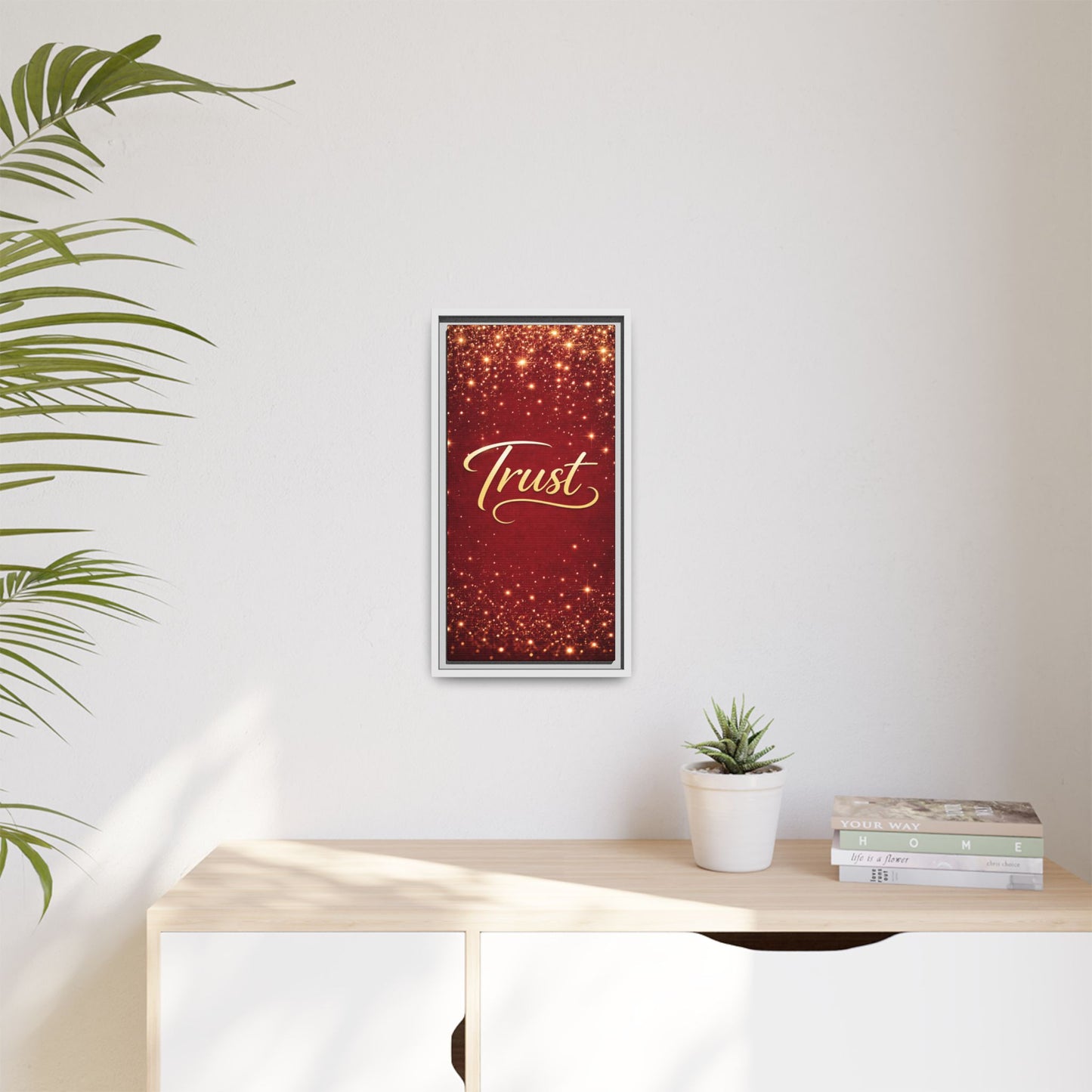 Trust Framed Canvas Wall Art — Gold Script on Sparkling Red Matte