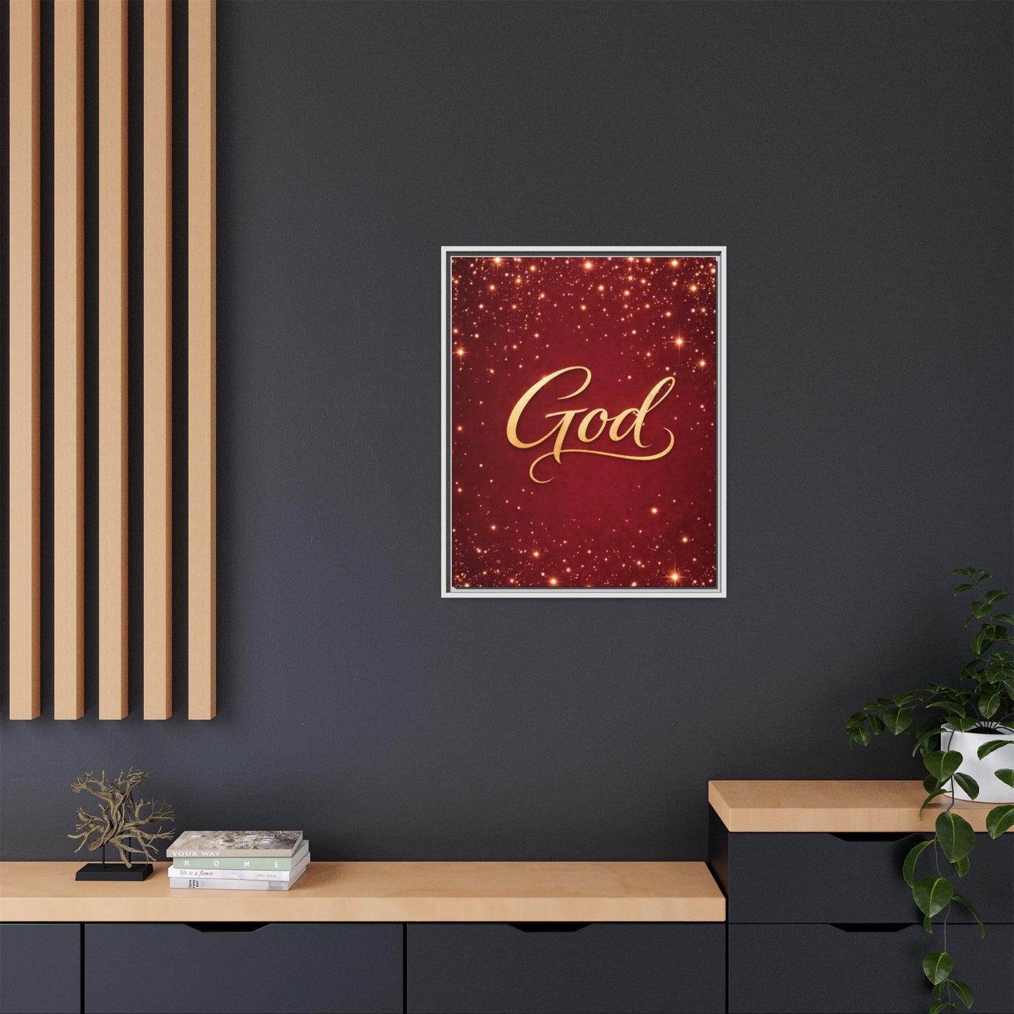 Framed Canvas Wall Art - "God" Gold Script on Red Sparkle Background