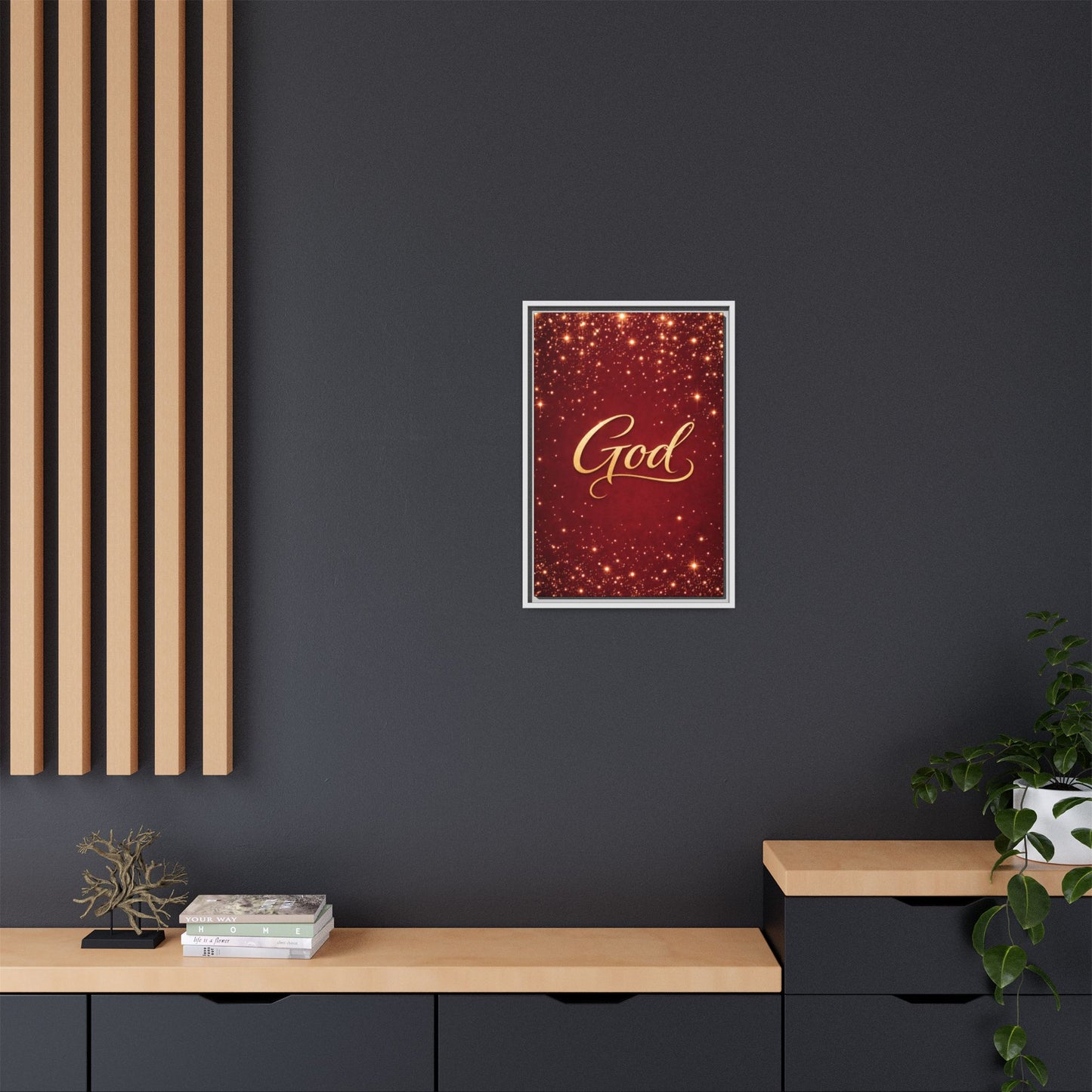 Framed Canvas Wall Art - "God" Gold Script on Red Sparkle Background
