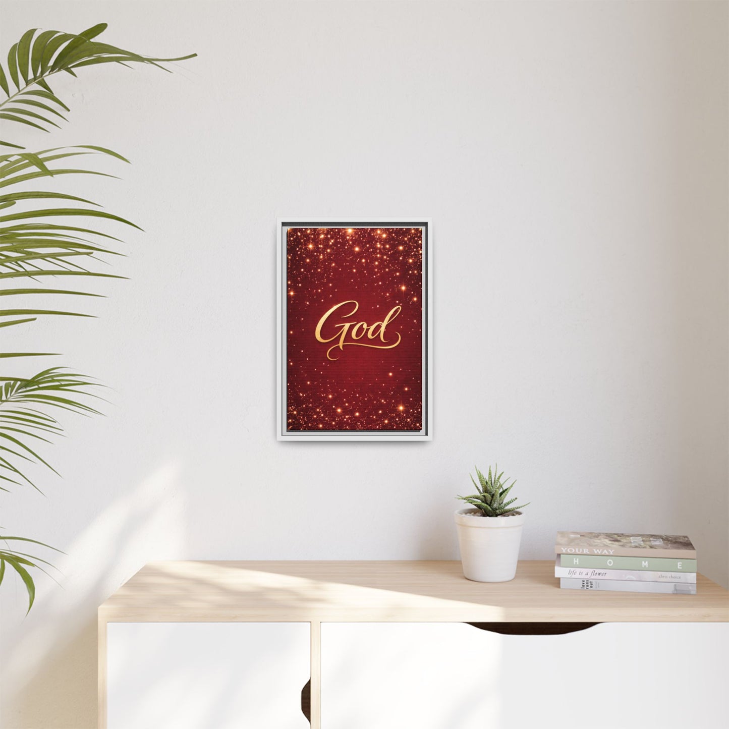 Framed Canvas Wall Art - "God" Gold Script on Red Sparkle Background