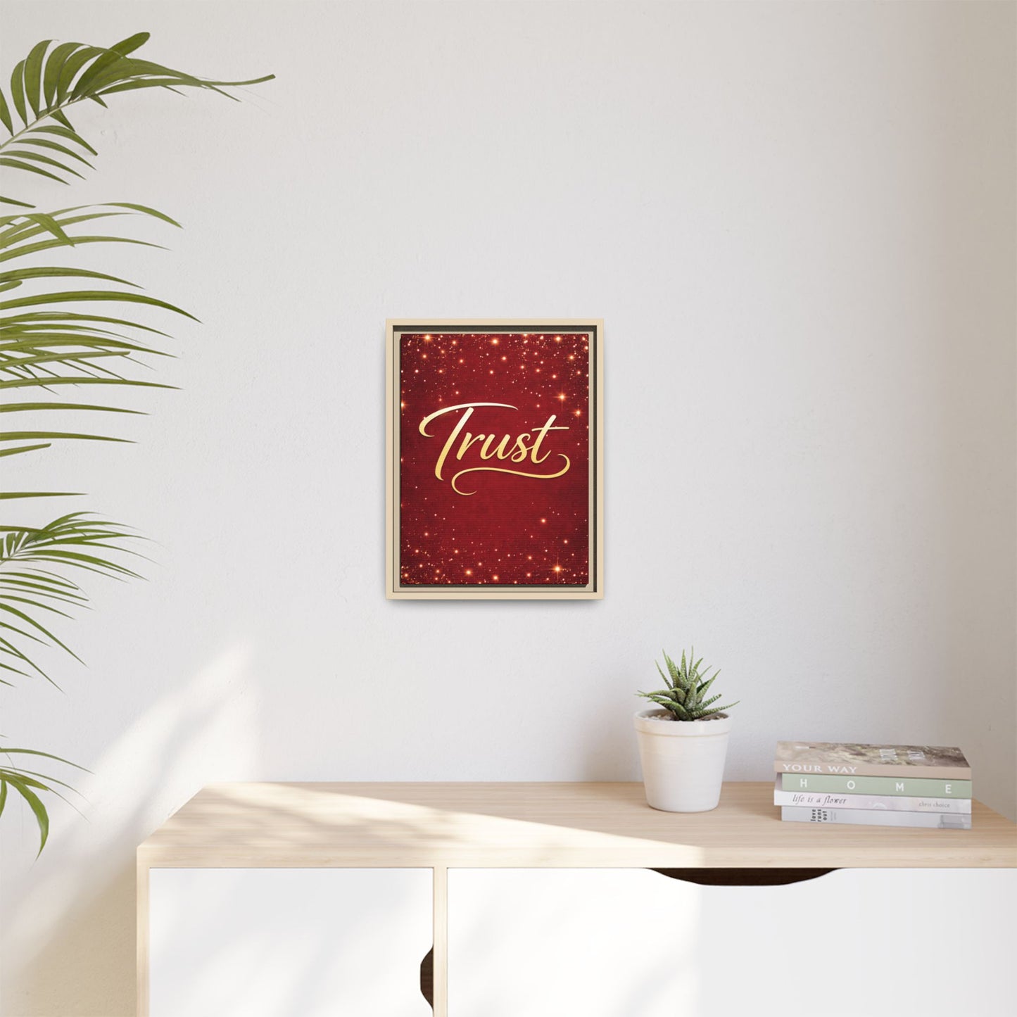 Trust Framed Canvas Wall Art — Gold Script on Sparkling Red Matte