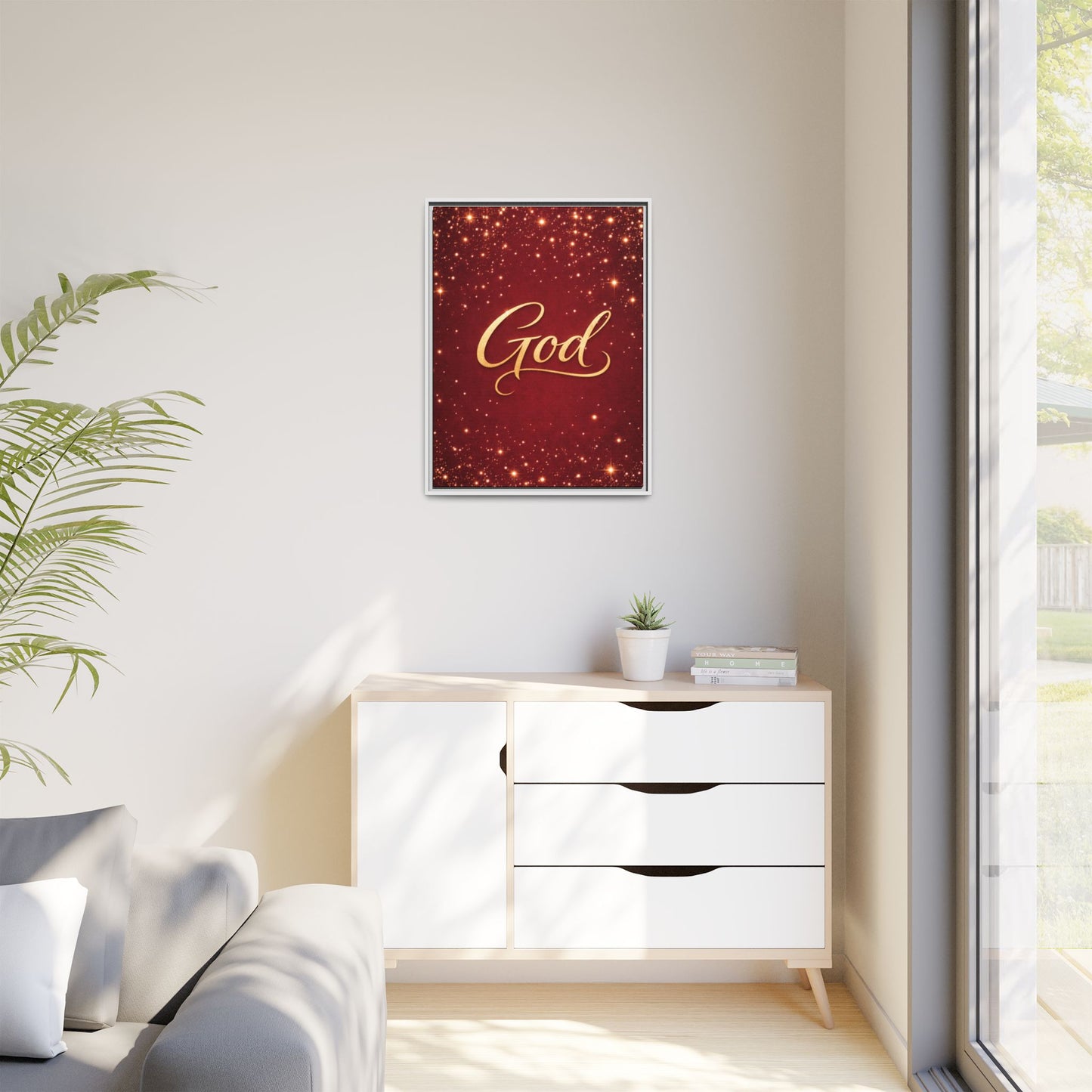 Framed Canvas Wall Art - "God" Gold Script on Red Sparkle Background