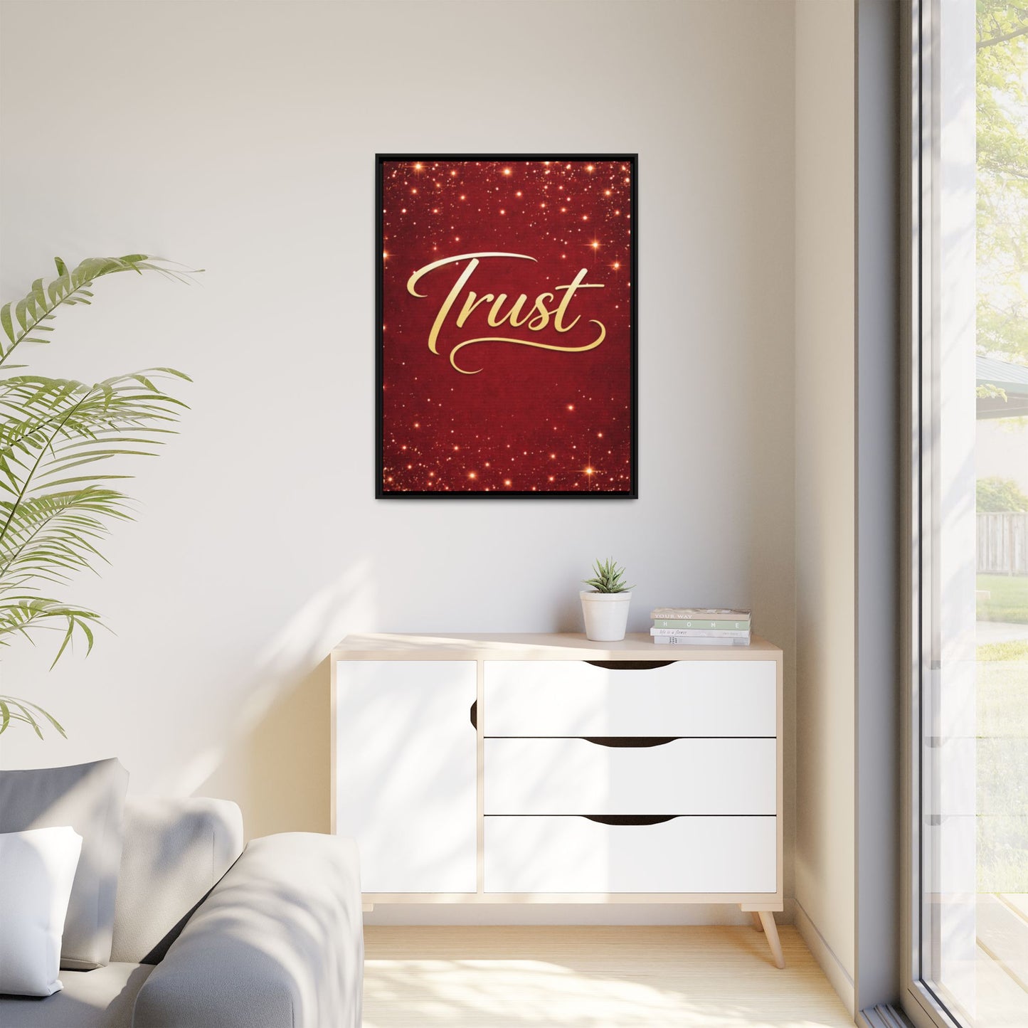 Trust Framed Canvas Wall Art — Gold Script on Sparkling Red Matte