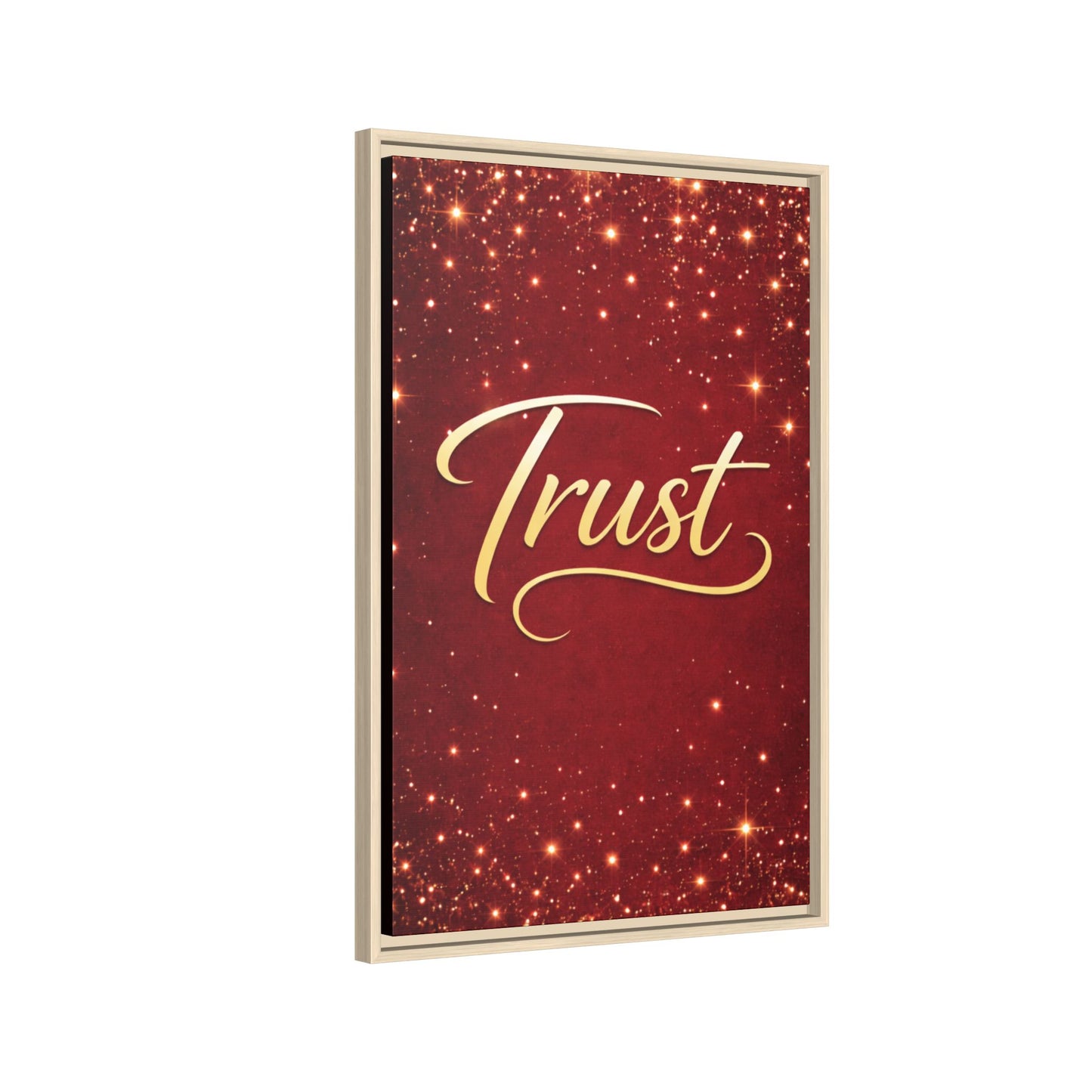 Trust Framed Canvas Wall Art — Gold Script on Sparkling Red Matte