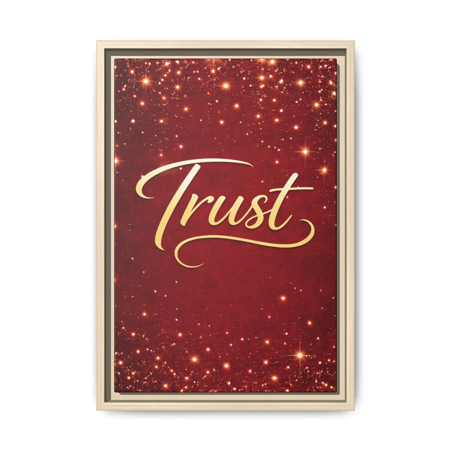 Trust Framed Canvas Wall Art — Gold Script on Sparkling Red Matte