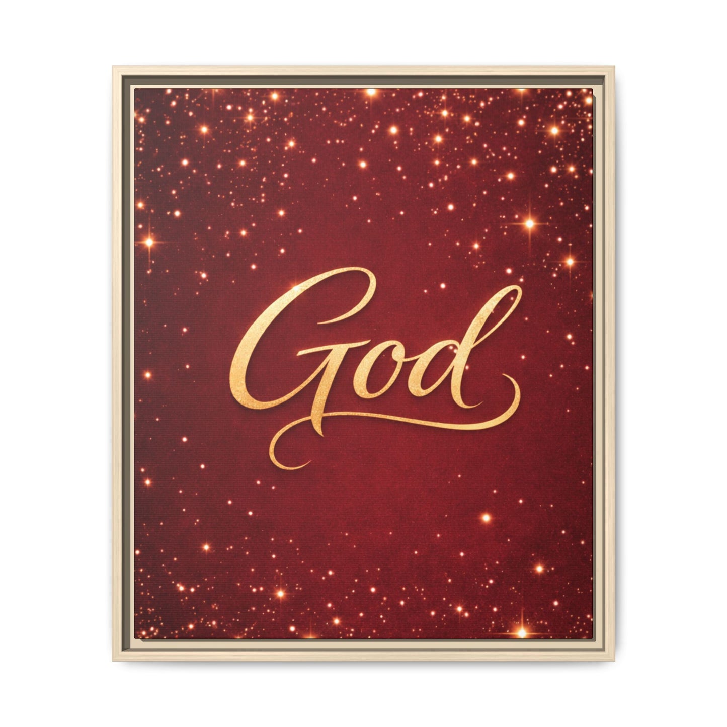 Framed Canvas Wall Art - "God" Gold Script on Red Sparkle Background