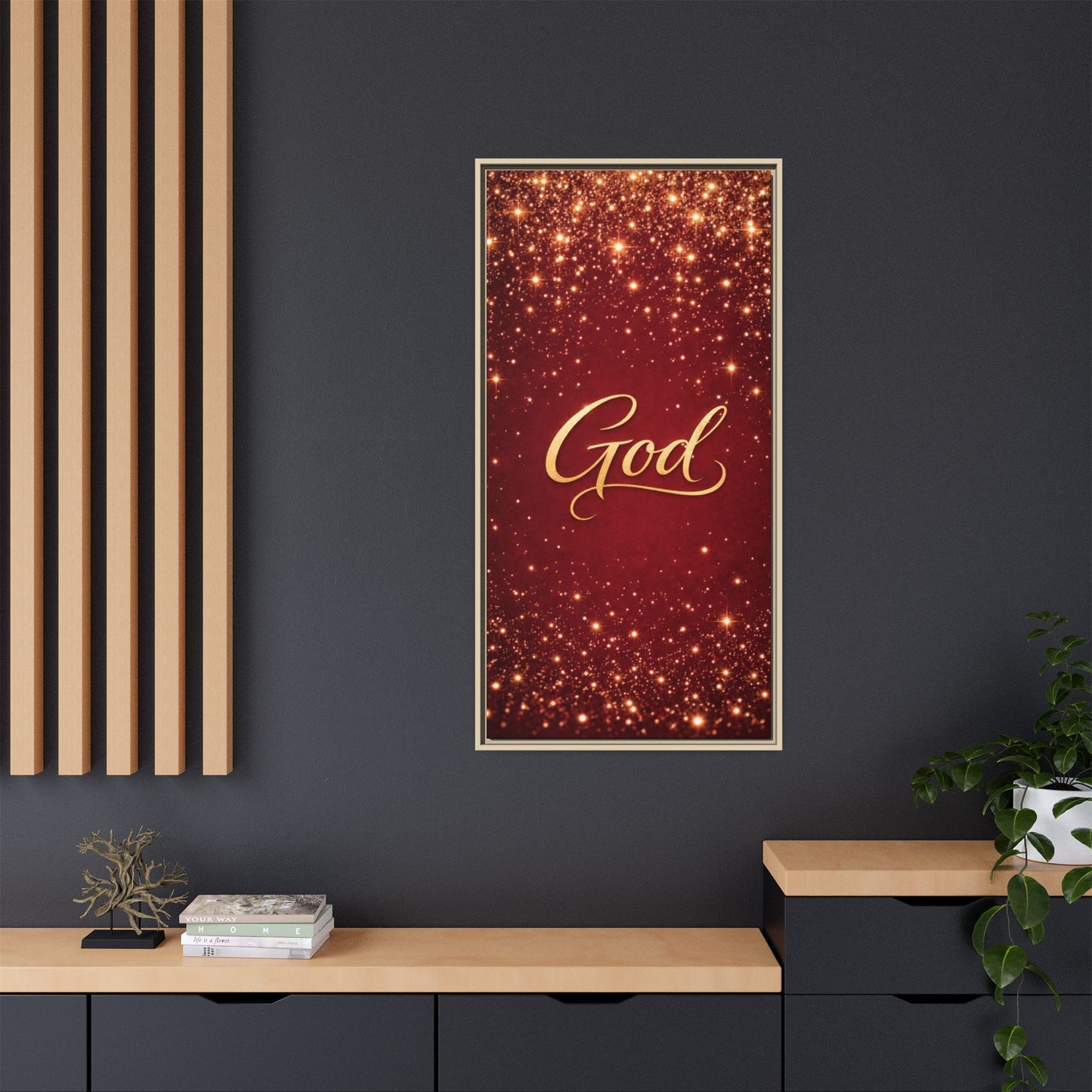 Framed Canvas Wall Art - "God" Gold Script on Red Sparkle Background