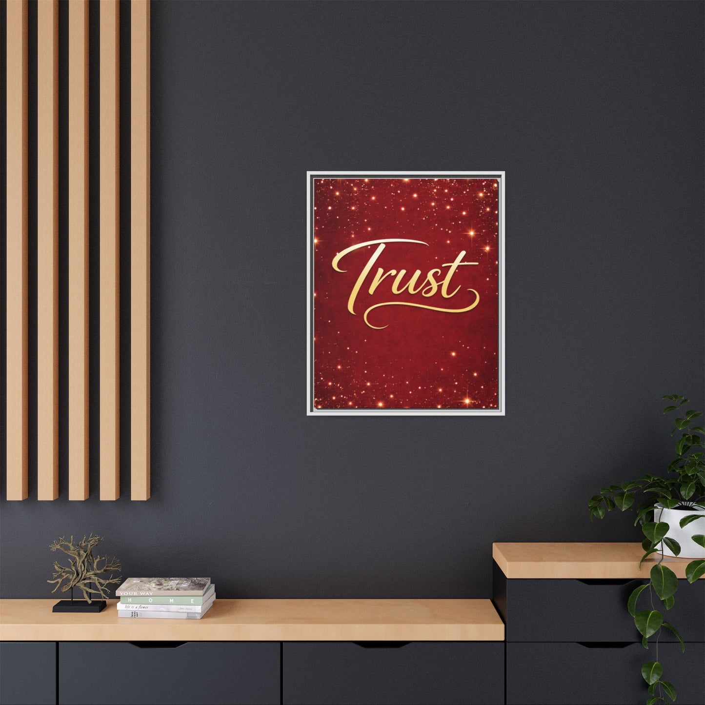 Trust Framed Canvas Wall Art — Gold Script on Sparkling Red Matte