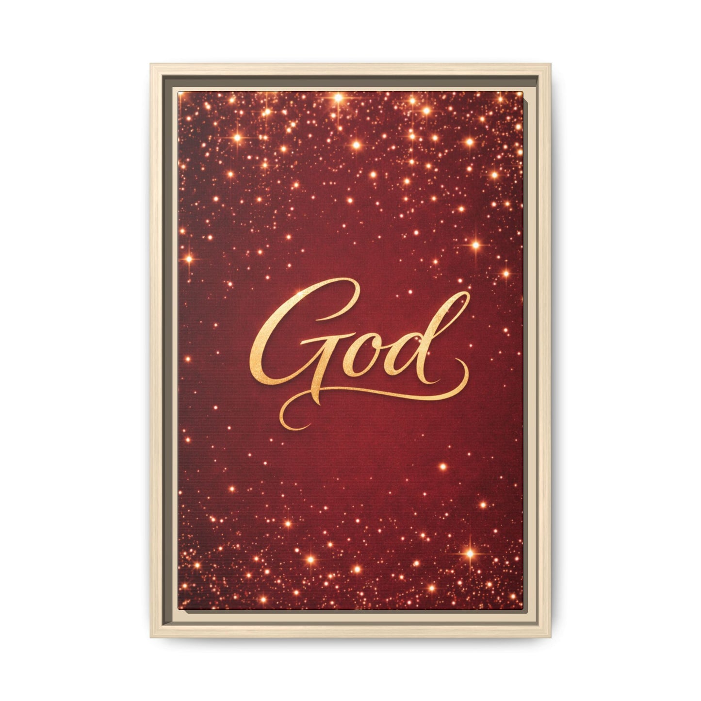 Framed Canvas Wall Art - "God" Gold Script on Red Sparkle Background
