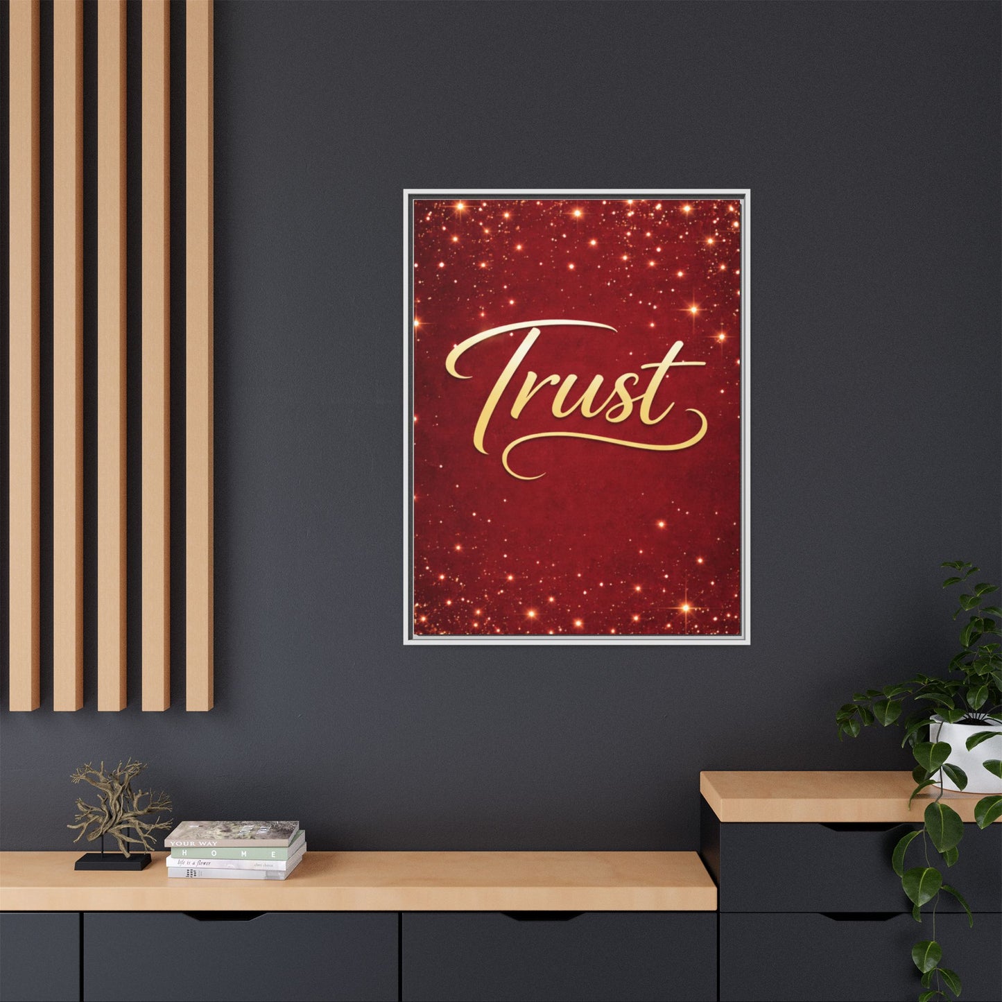 Trust Framed Canvas Wall Art — Gold Script on Sparkling Red Matte