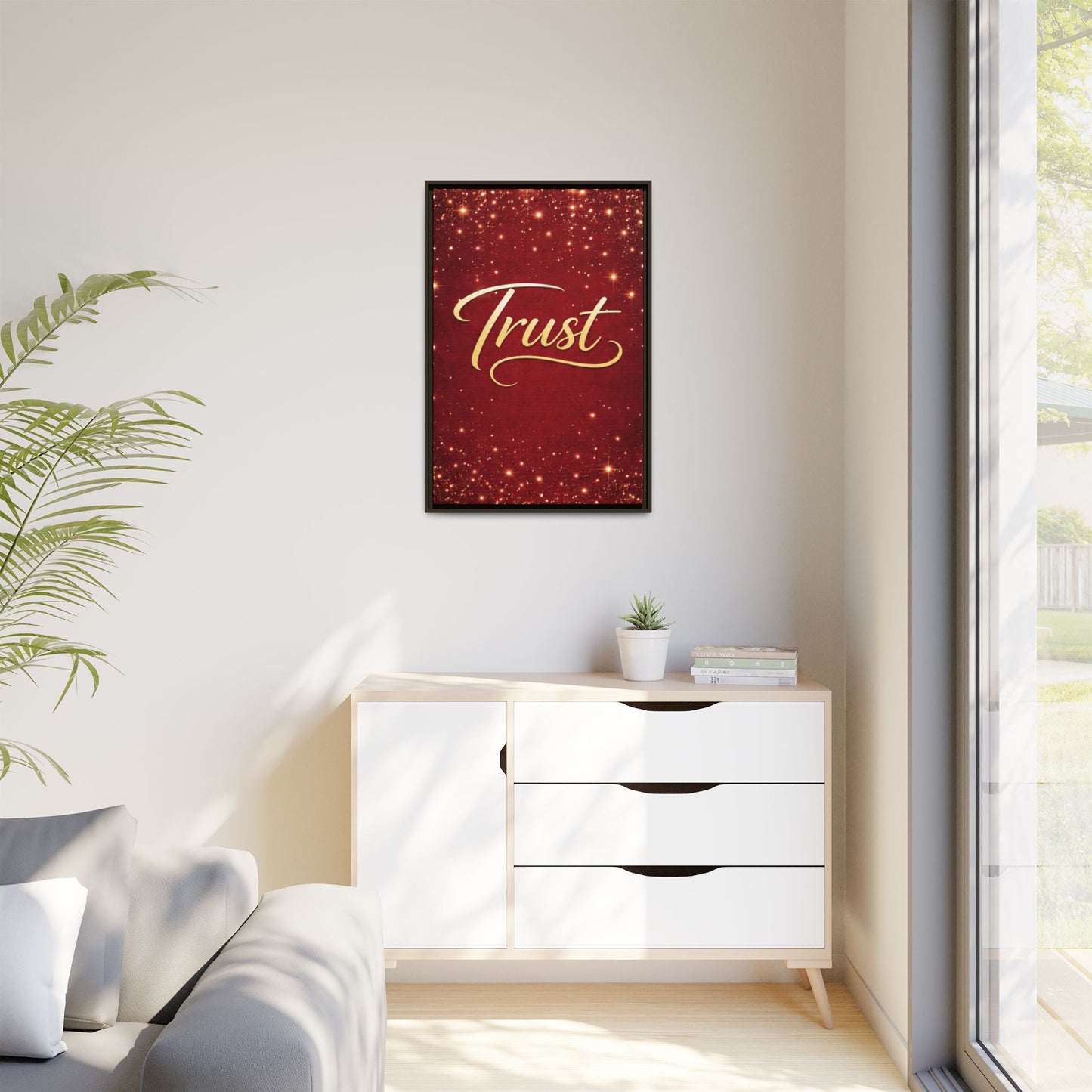Trust Framed Canvas Wall Art — Gold Script on Sparkling Red Matte