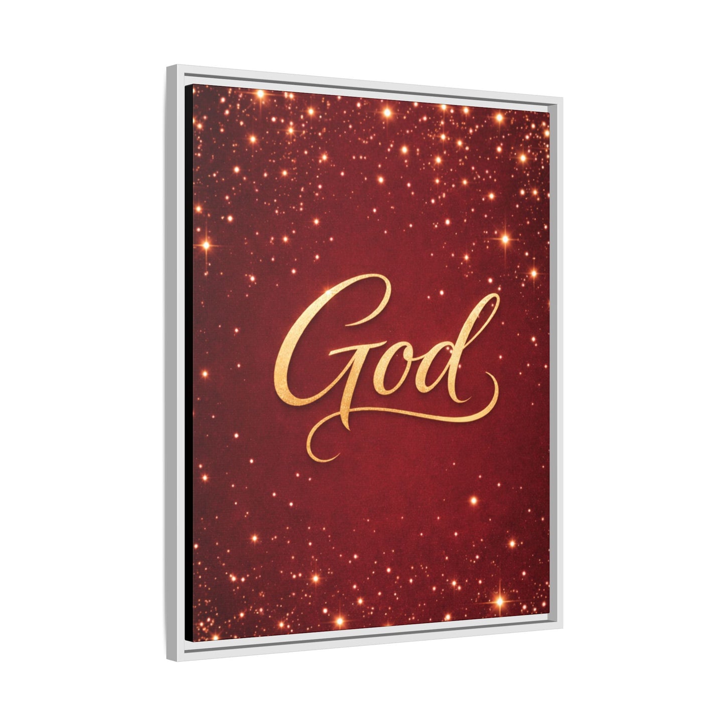 Framed Canvas Wall Art - "God" Gold Script on Red Sparkle Background