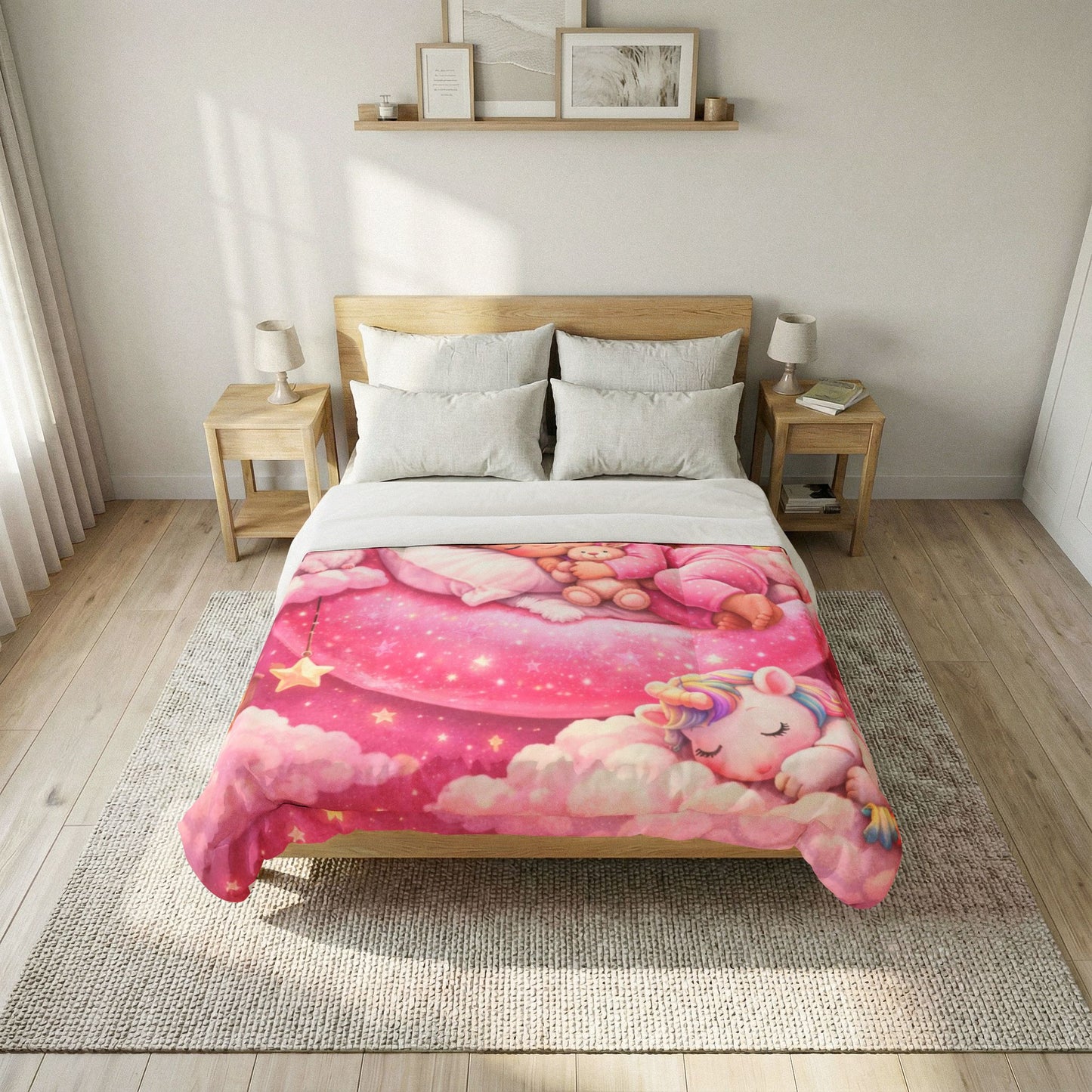 Sleeping Girl on Moon comforter | Pink Unicorn Cloud Nursery blanket