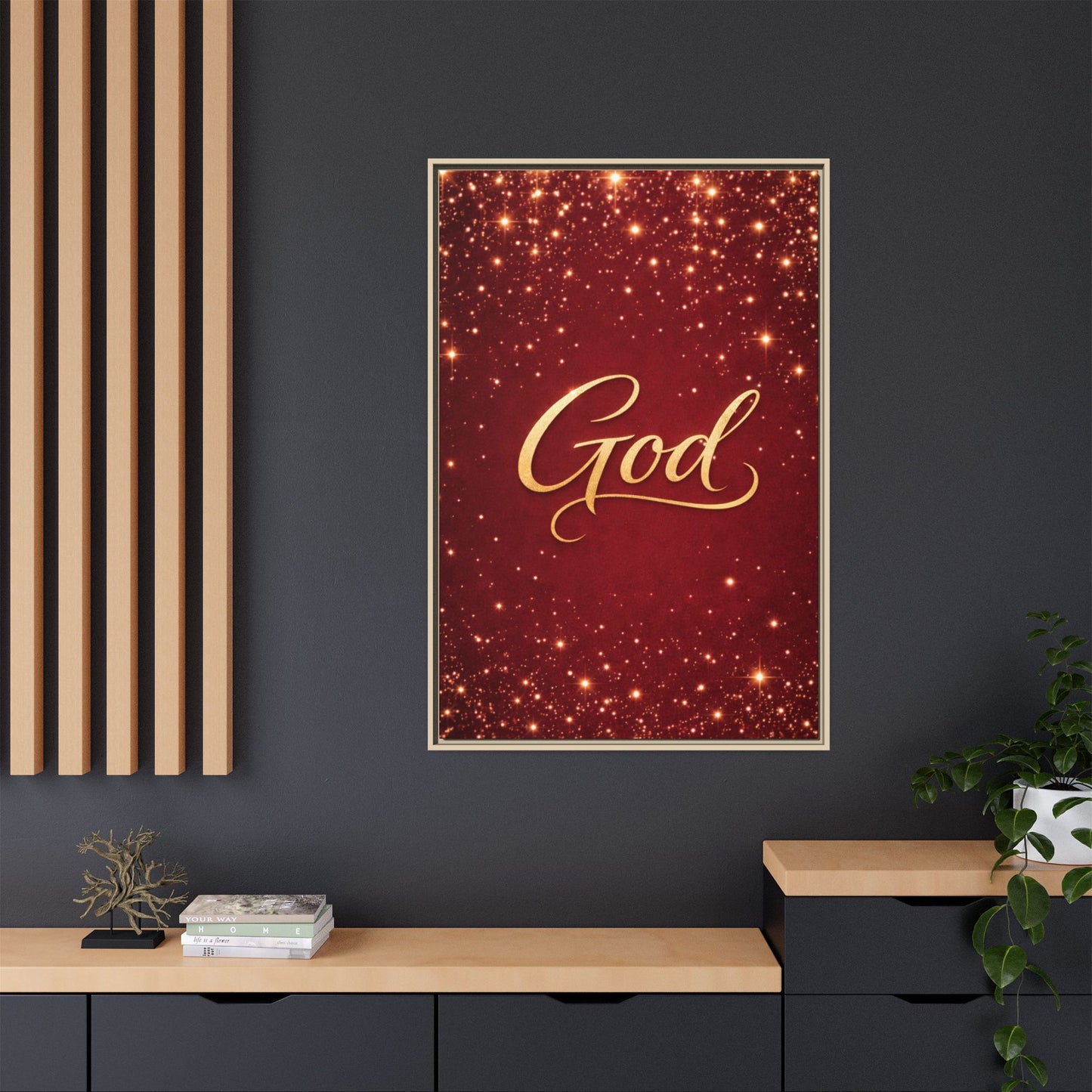 Framed Canvas Wall Art - "God" Gold Script on Red Sparkle Background