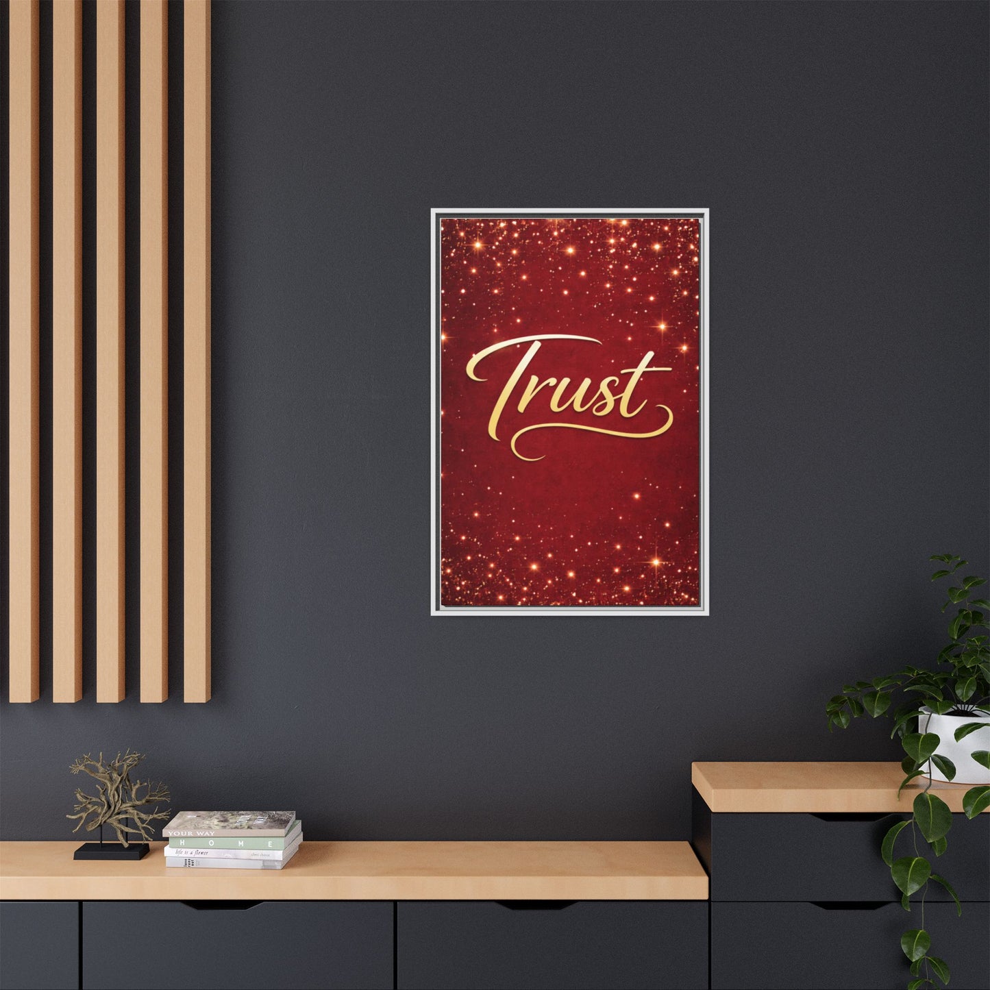 Trust Framed Canvas Wall Art — Gold Script on Sparkling Red Matte