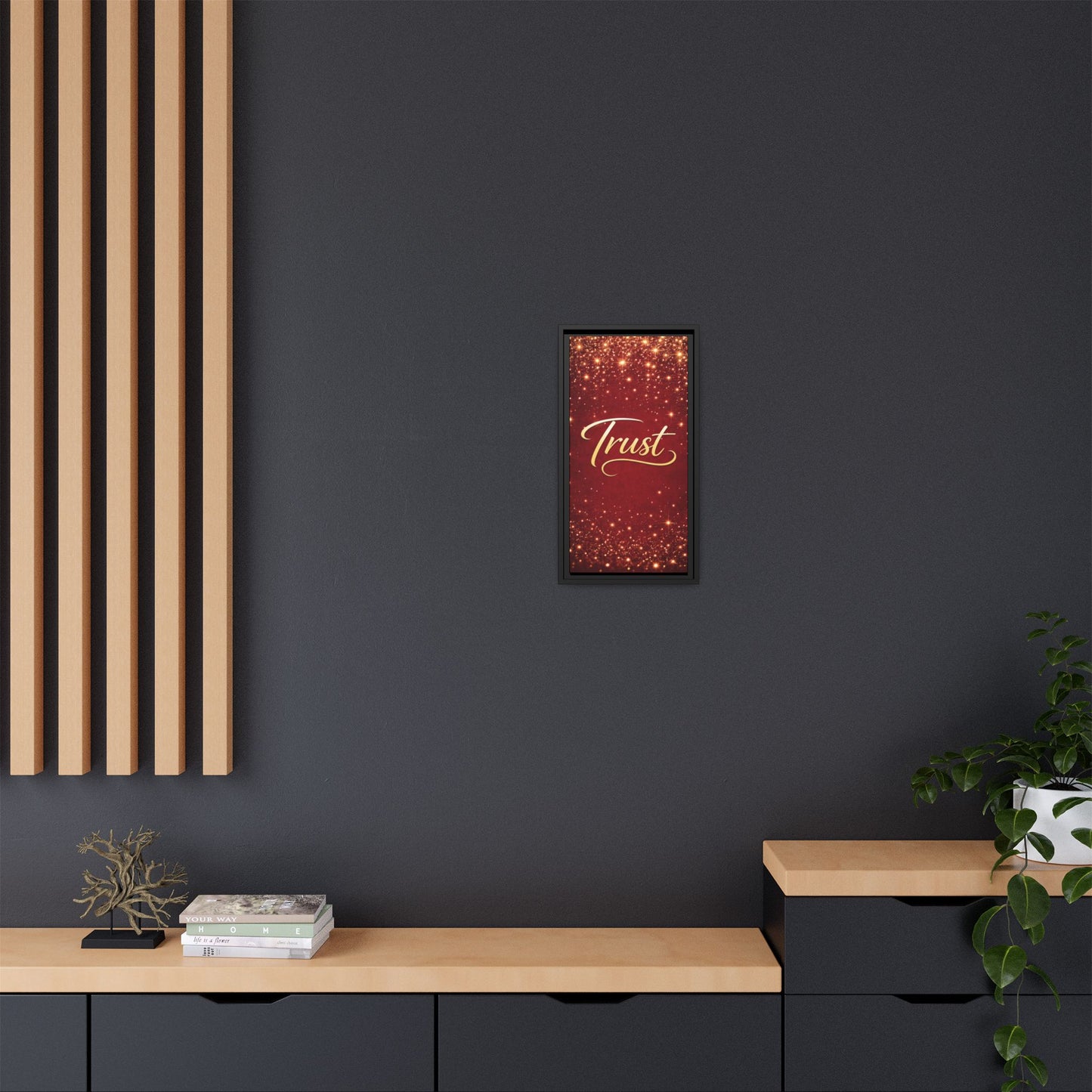 Trust Framed Canvas Wall Art — Gold Script on Sparkling Red Matte