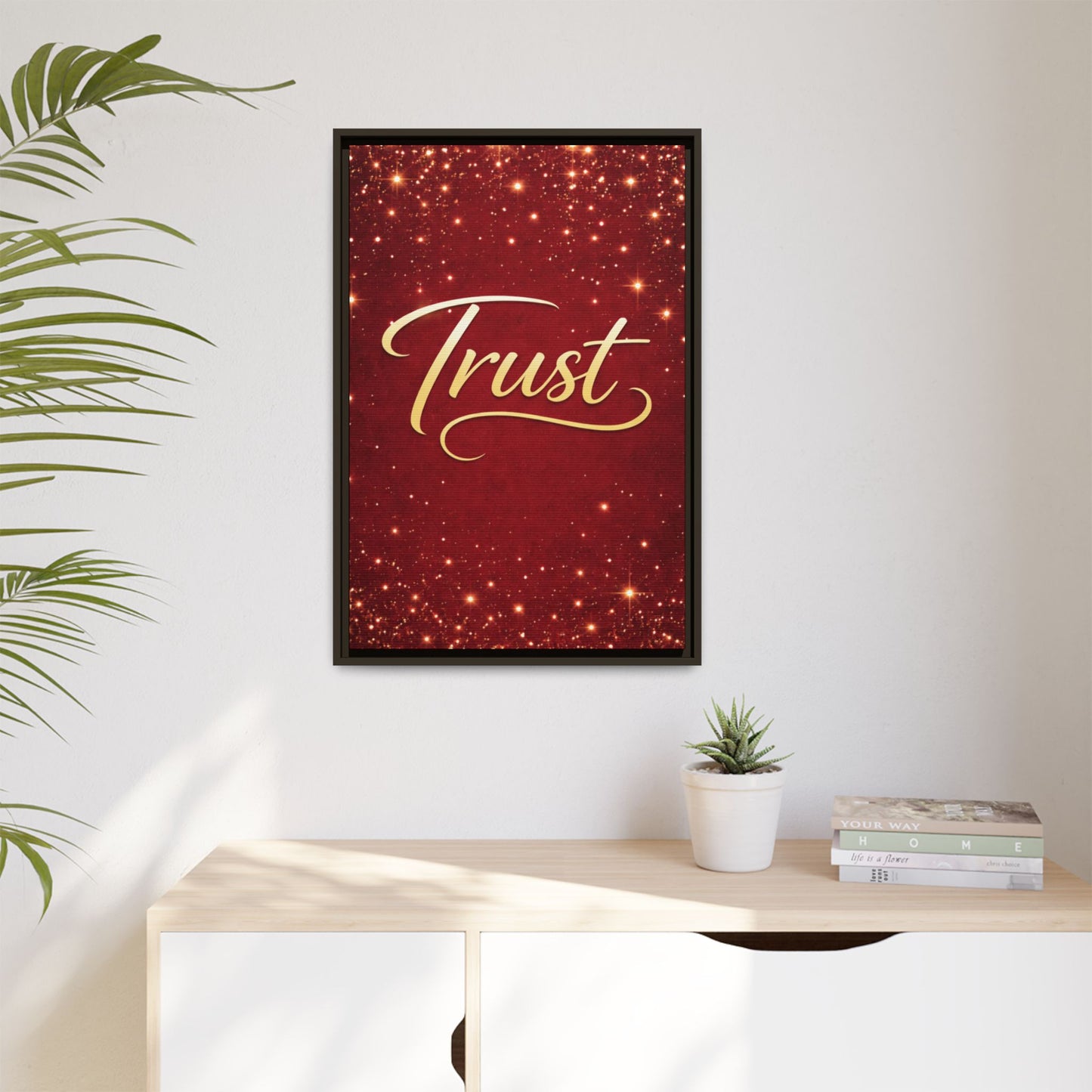 Trust Framed Canvas Wall Art — Gold Script on Sparkling Red Matte