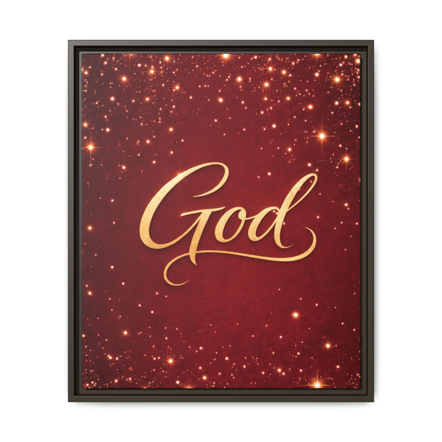 Framed Canvas Wall Art - "God" Gold Script on Red Sparkle Background
