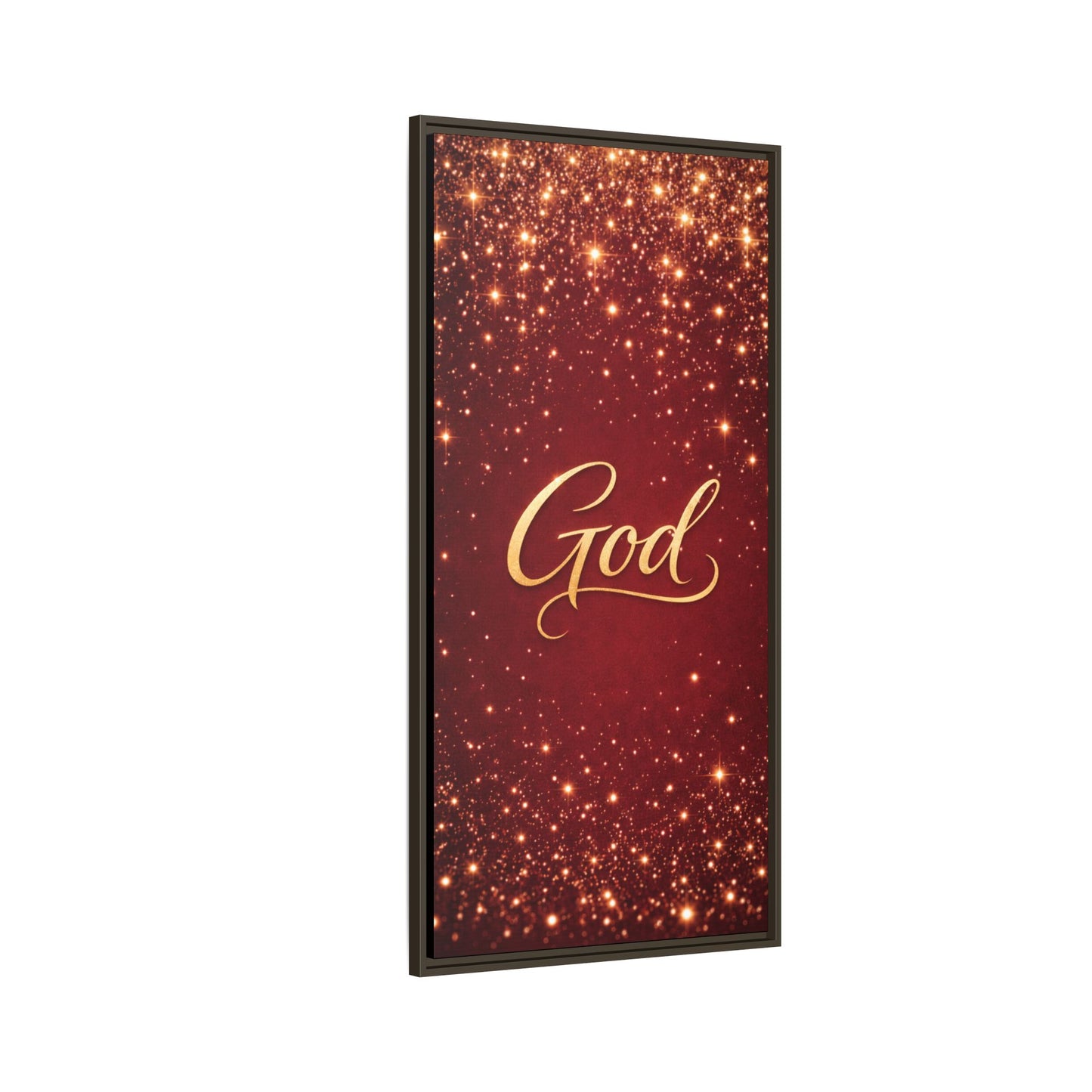 Framed Canvas Wall Art - "God" Gold Script on Red Sparkle Background