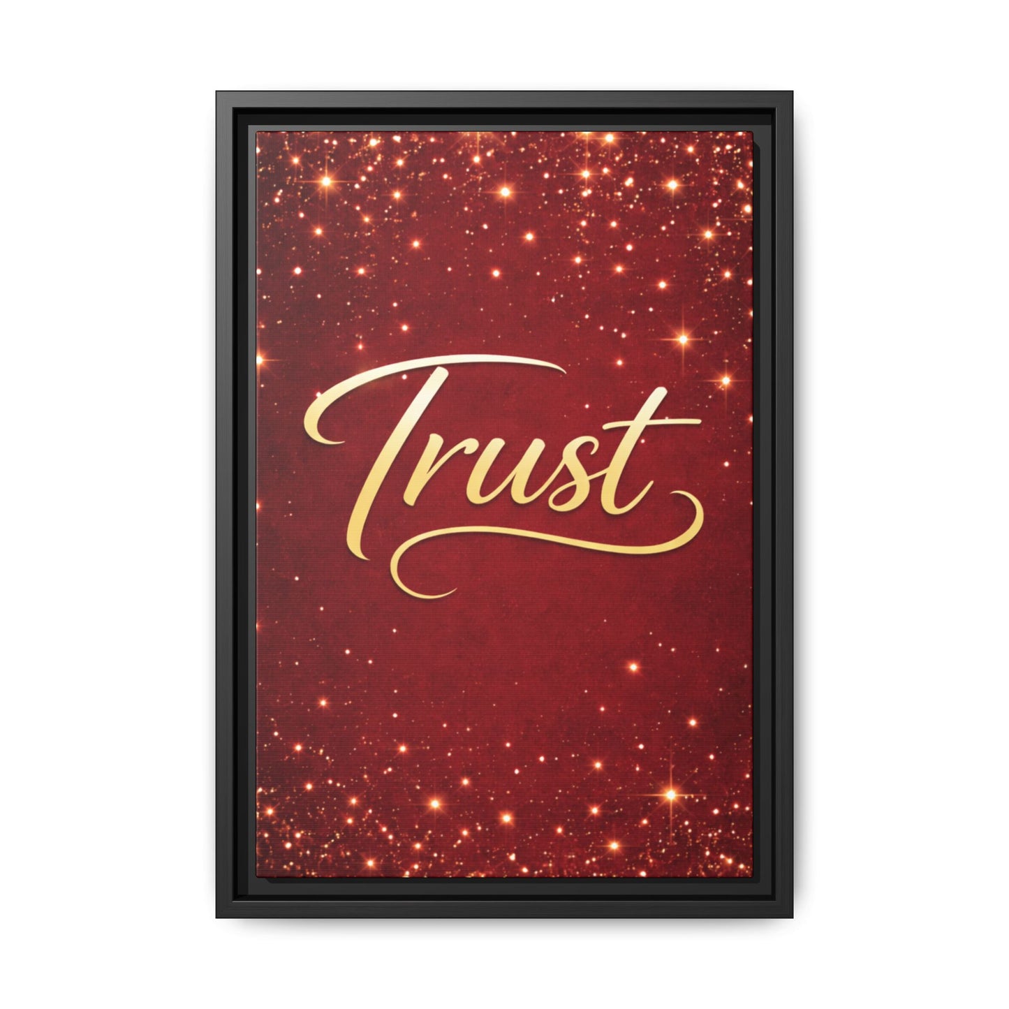 Trust Framed Canvas Wall Art — Gold Script on Sparkling Red Matte