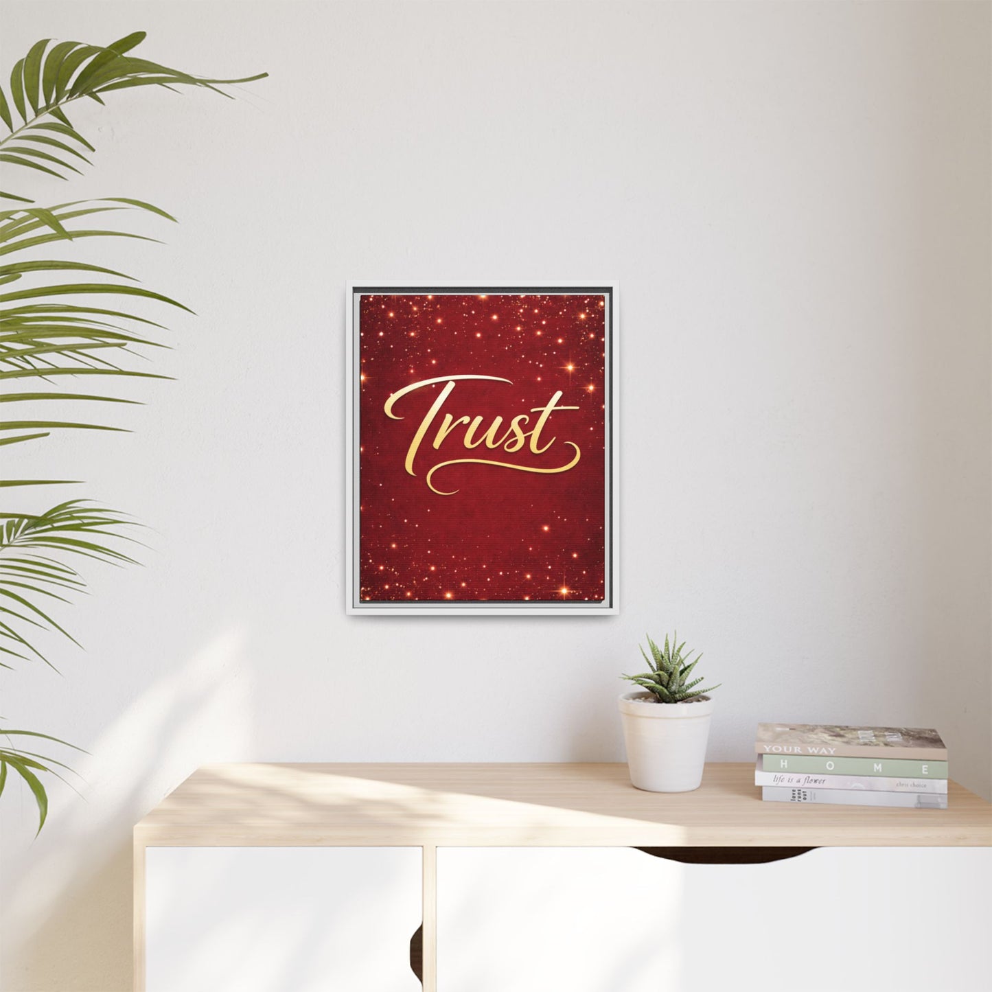 Trust Framed Canvas Wall Art — Gold Script on Sparkling Red Matte