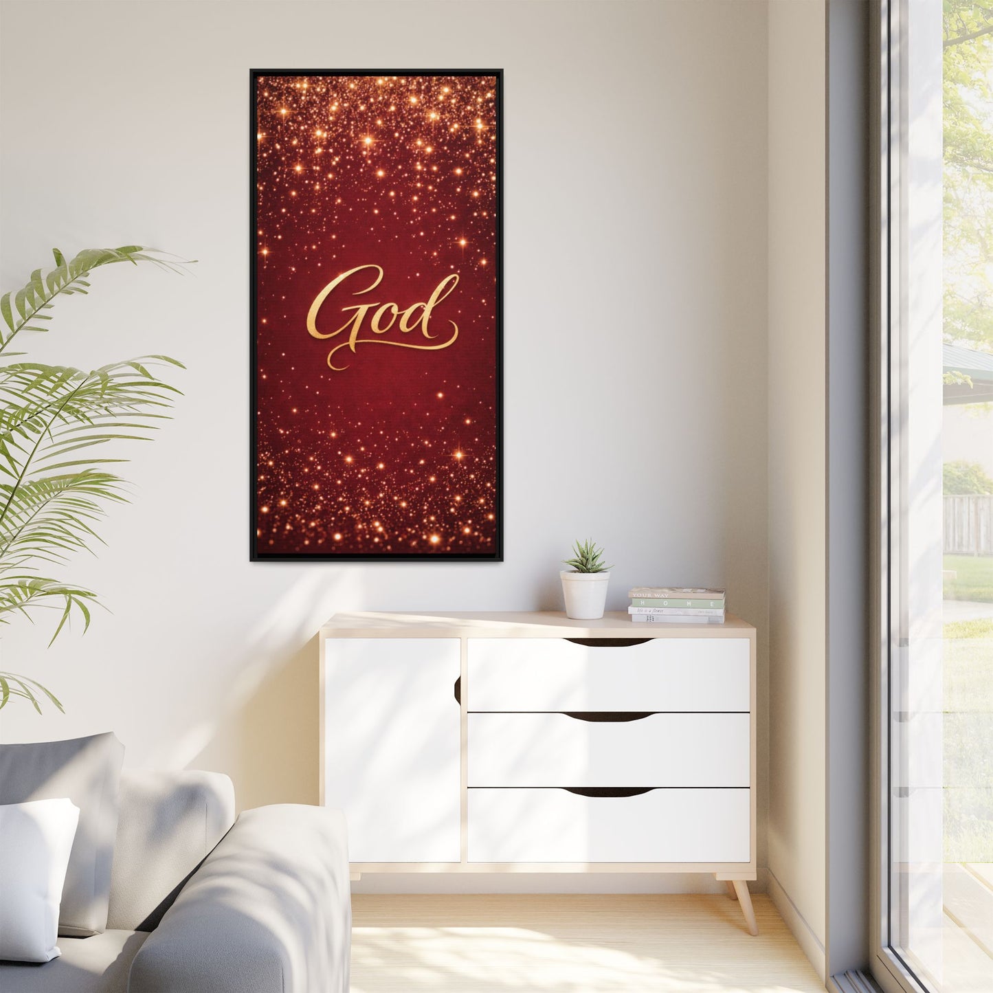 Framed Canvas Wall Art - "God" Gold Script on Red Sparkle Background