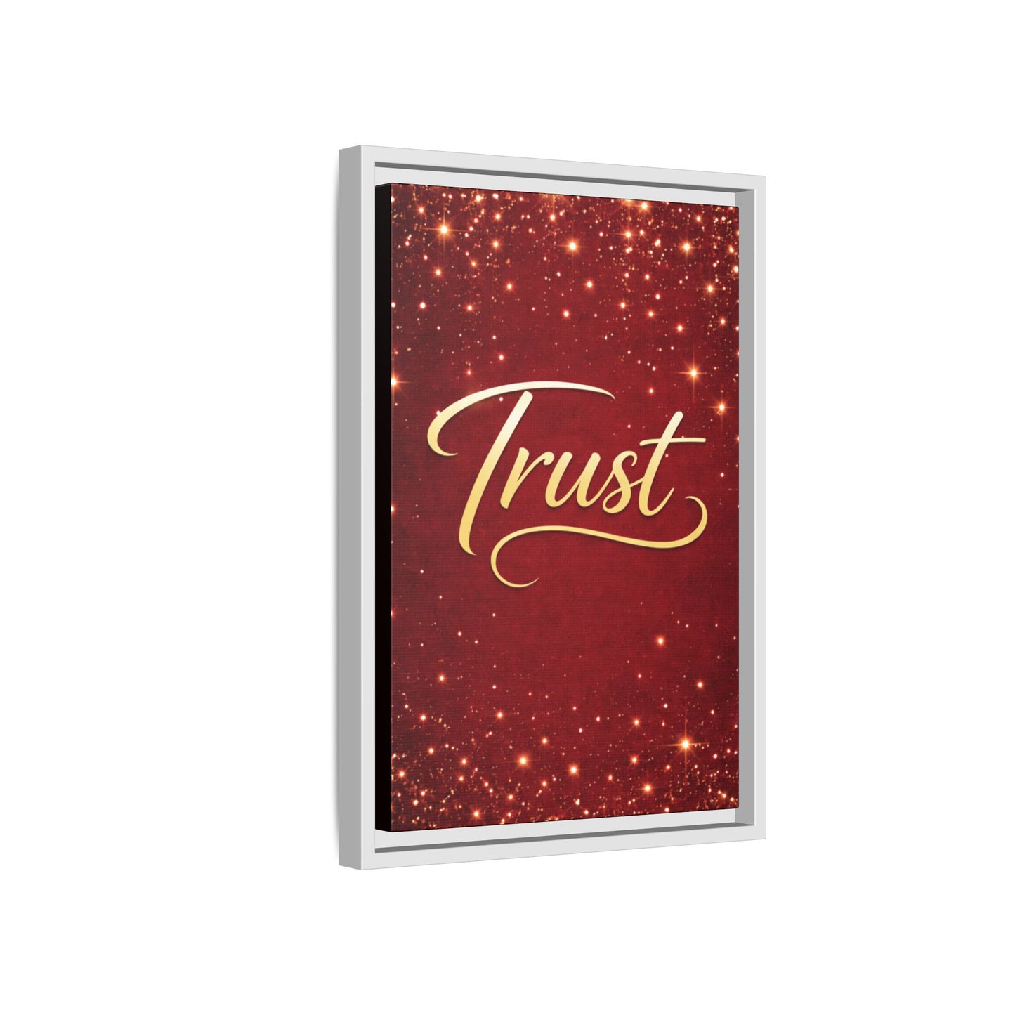 Trust Framed Canvas Wall Art — Gold Script on Sparkling Red Matte